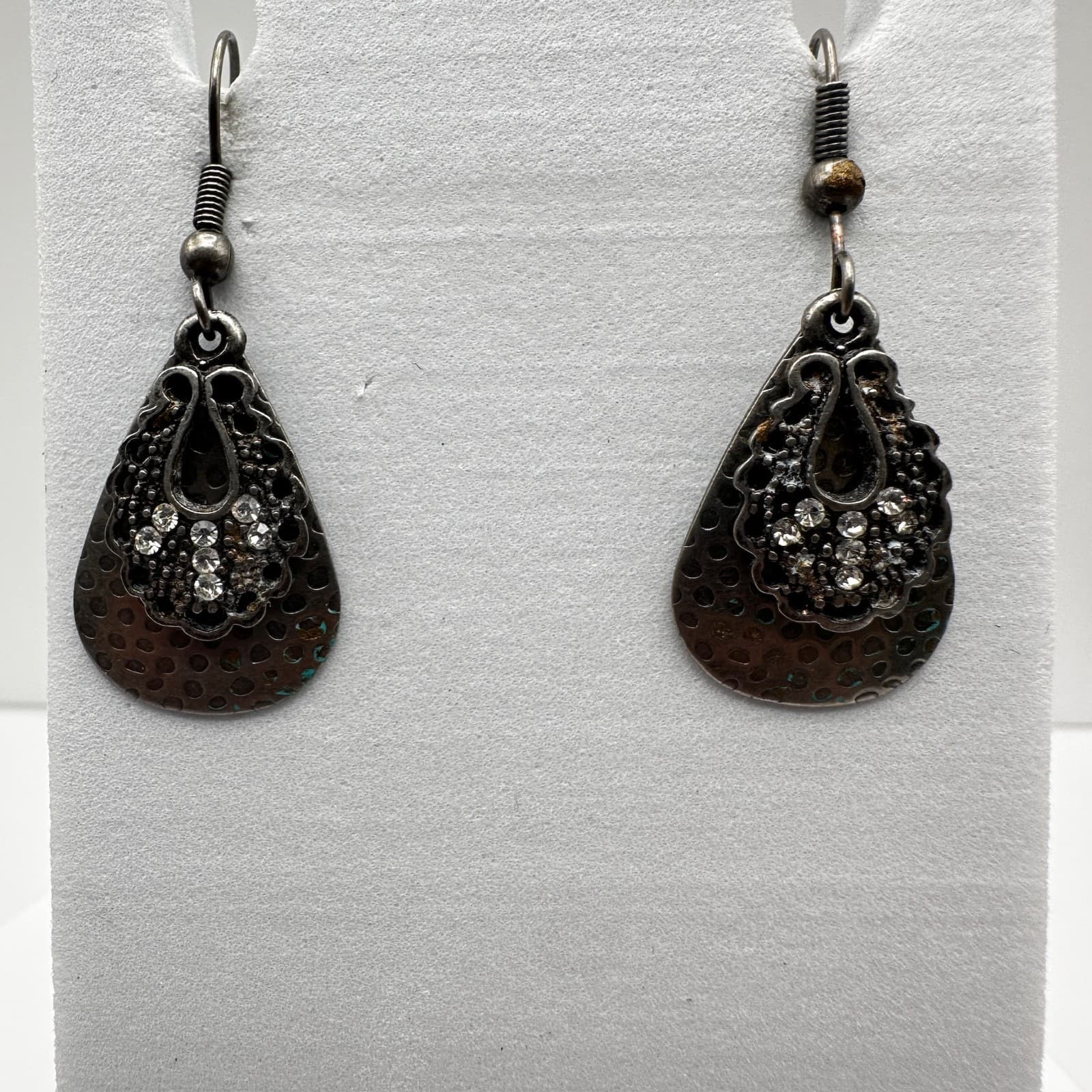 Vintage 90s Silver Tone Hammered Teardrop Earrings Rhinestone Dangle Women's - Image 1