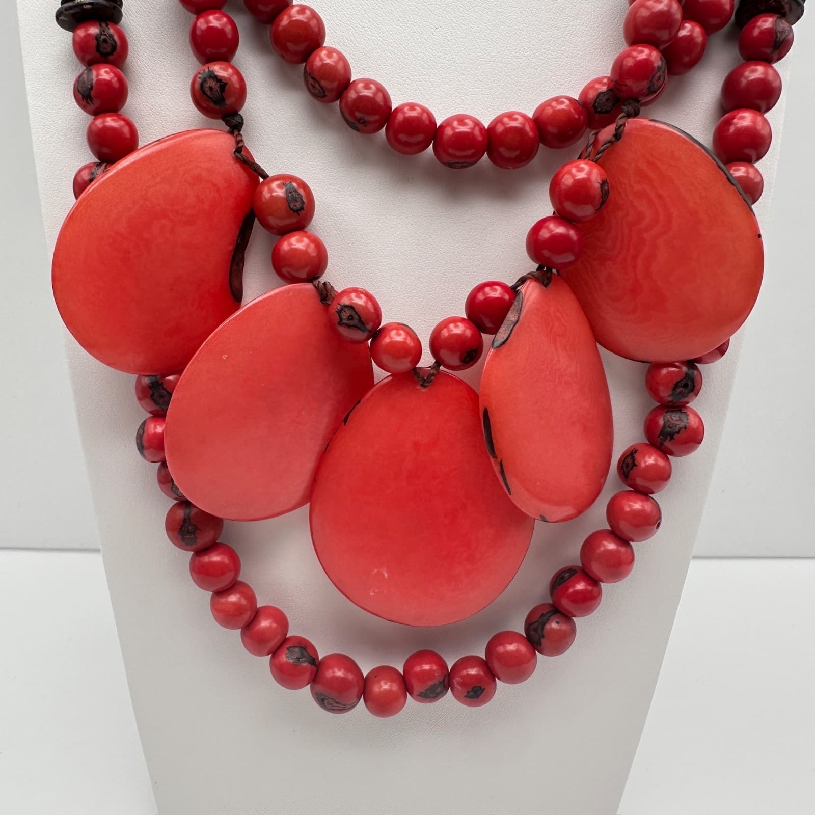 Vintage 90s Red Tagua Nut Bead Statement Necklace Multi Strand Tribal Ethnic - Thumbnail 2
