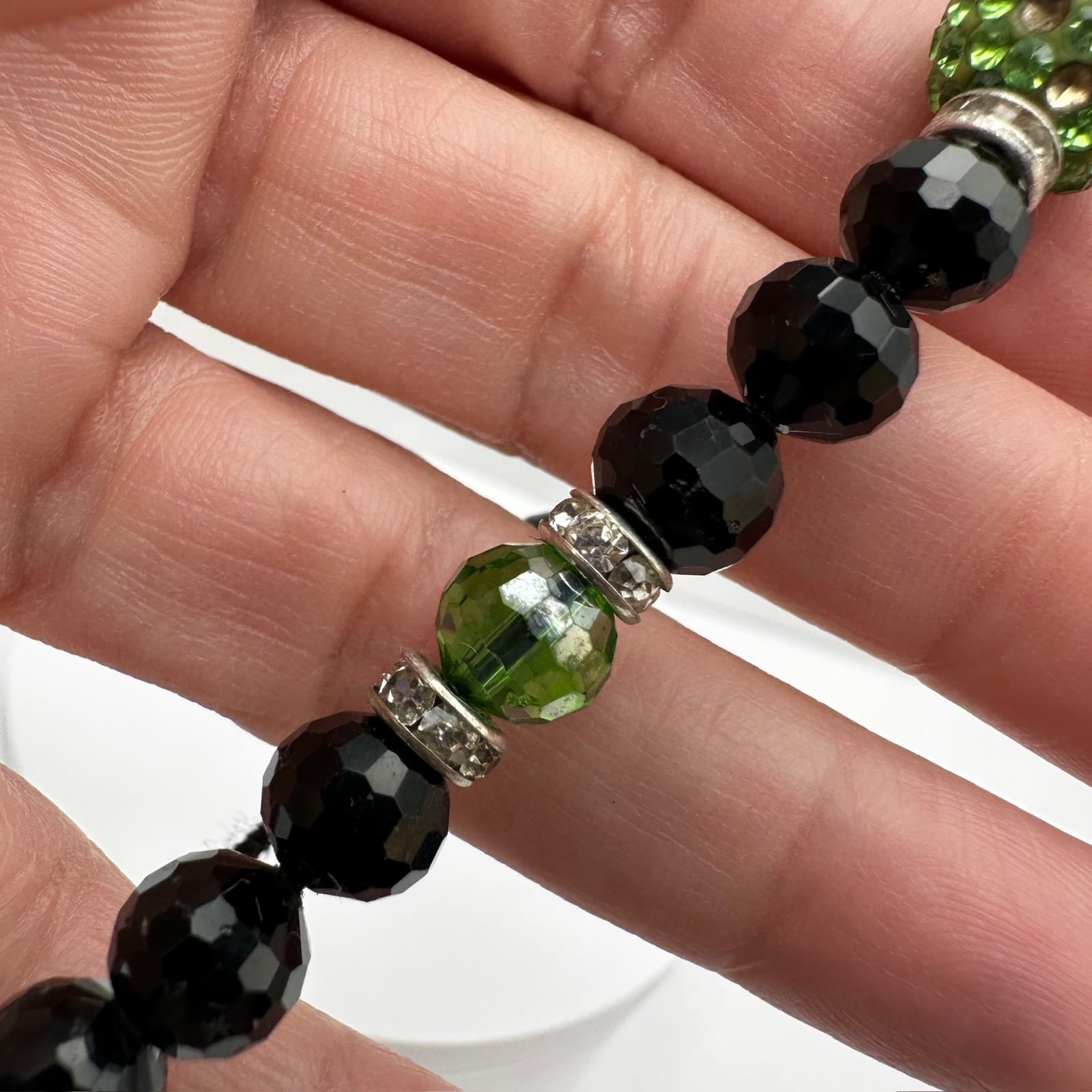 Vintage Black Beaded Bracelet Green Crystal Disco Ball Y2K Gothic - Thumbnail 10