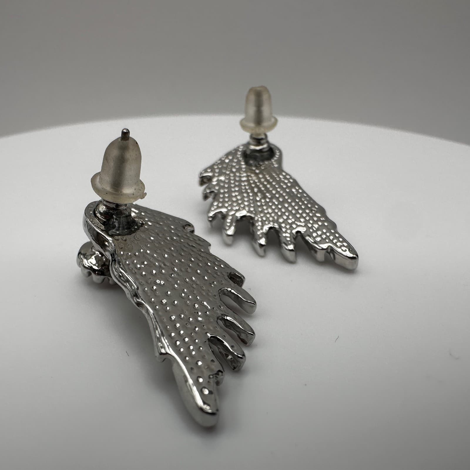 Vintage 90s Silver Tone Angel Wing Stud Earrings Rhinestone Fashion Jewelry - Thumbnail 6