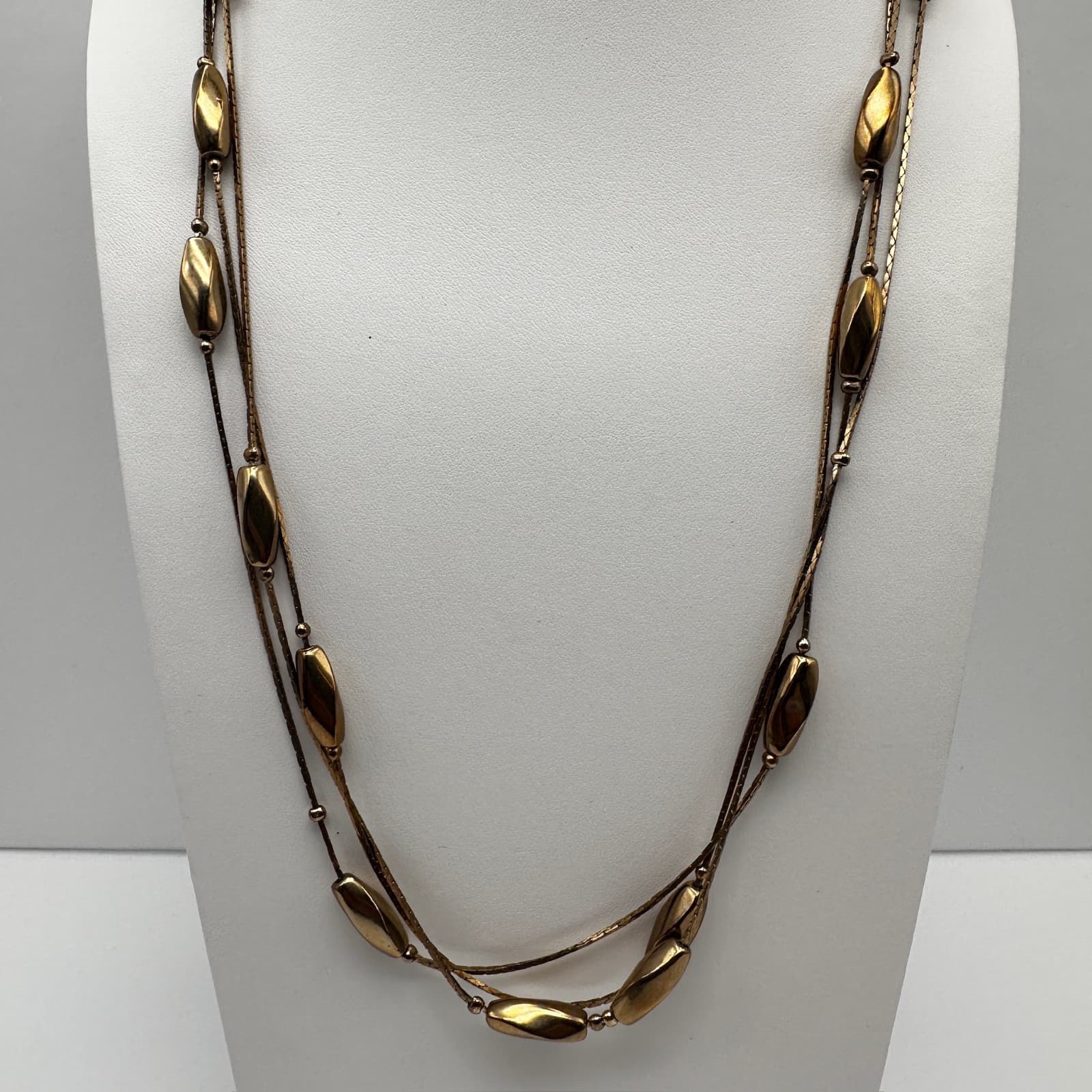 Vintage 90s Gold Tone Multi Strand Snake Chain Necklace Geometric Beads Jewelry - Image 1