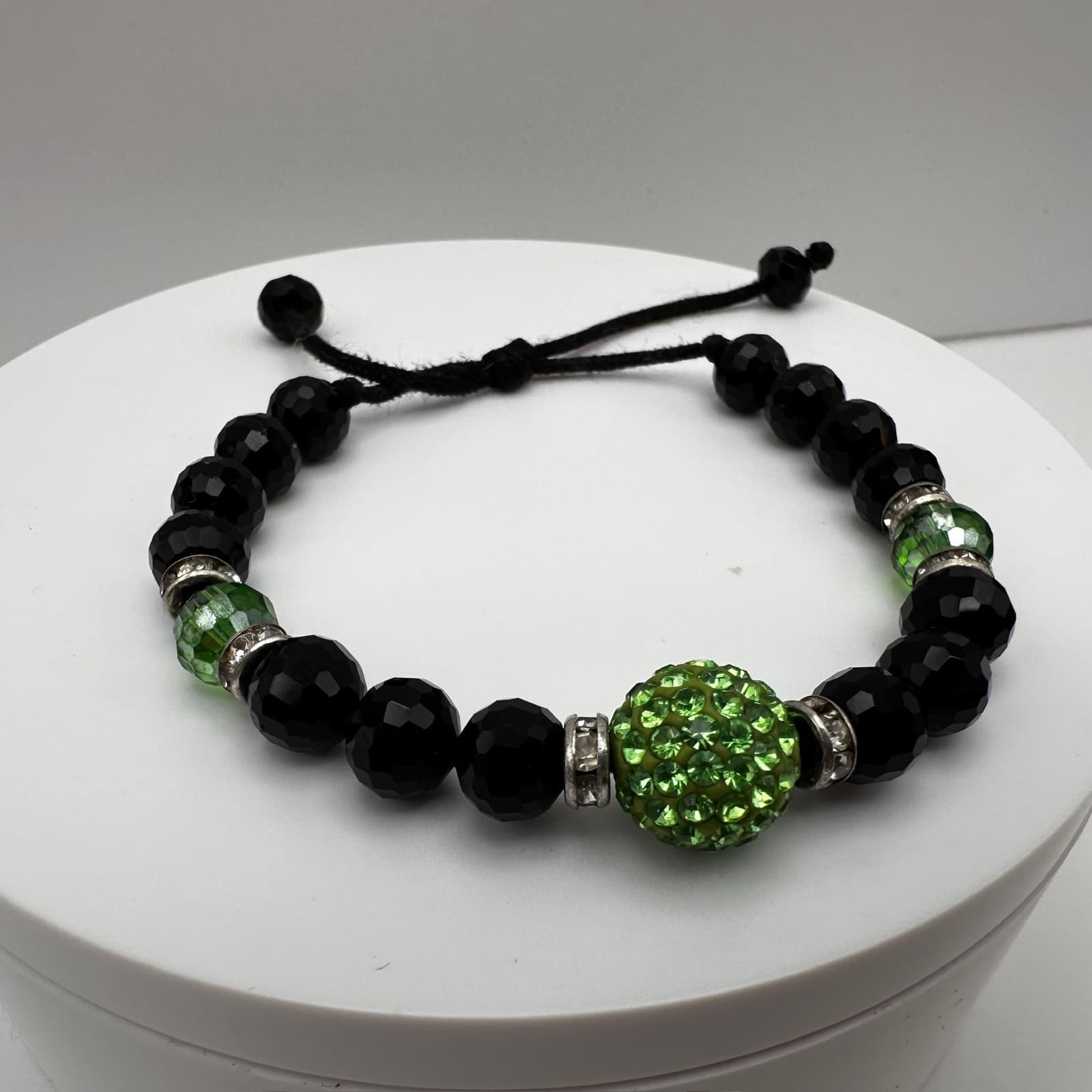 Vintage Black Beaded Bracelet Green Crystal Disco Ball Y2K Gothic - Image 1