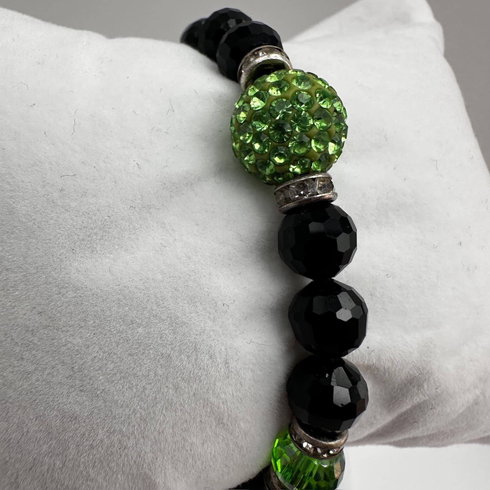 Vintage Black Beaded Bracelet Green Crystal Disco Ball Y2K Gothic - Thumbnail 4