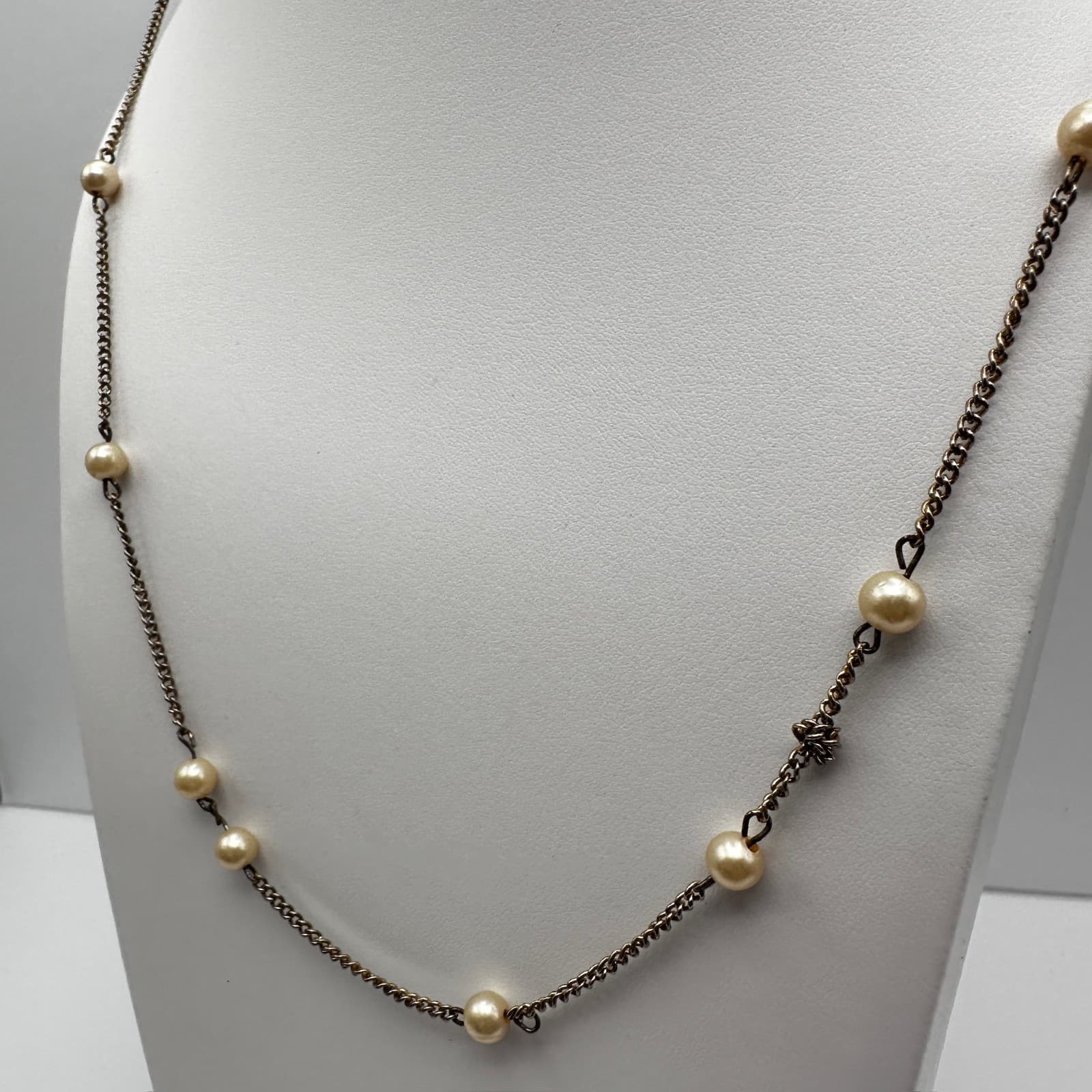 Vintage 80s Gold Tone Faux Pearl Station Tin Cup Necklace Women's Jewelry - Thumbnail 4