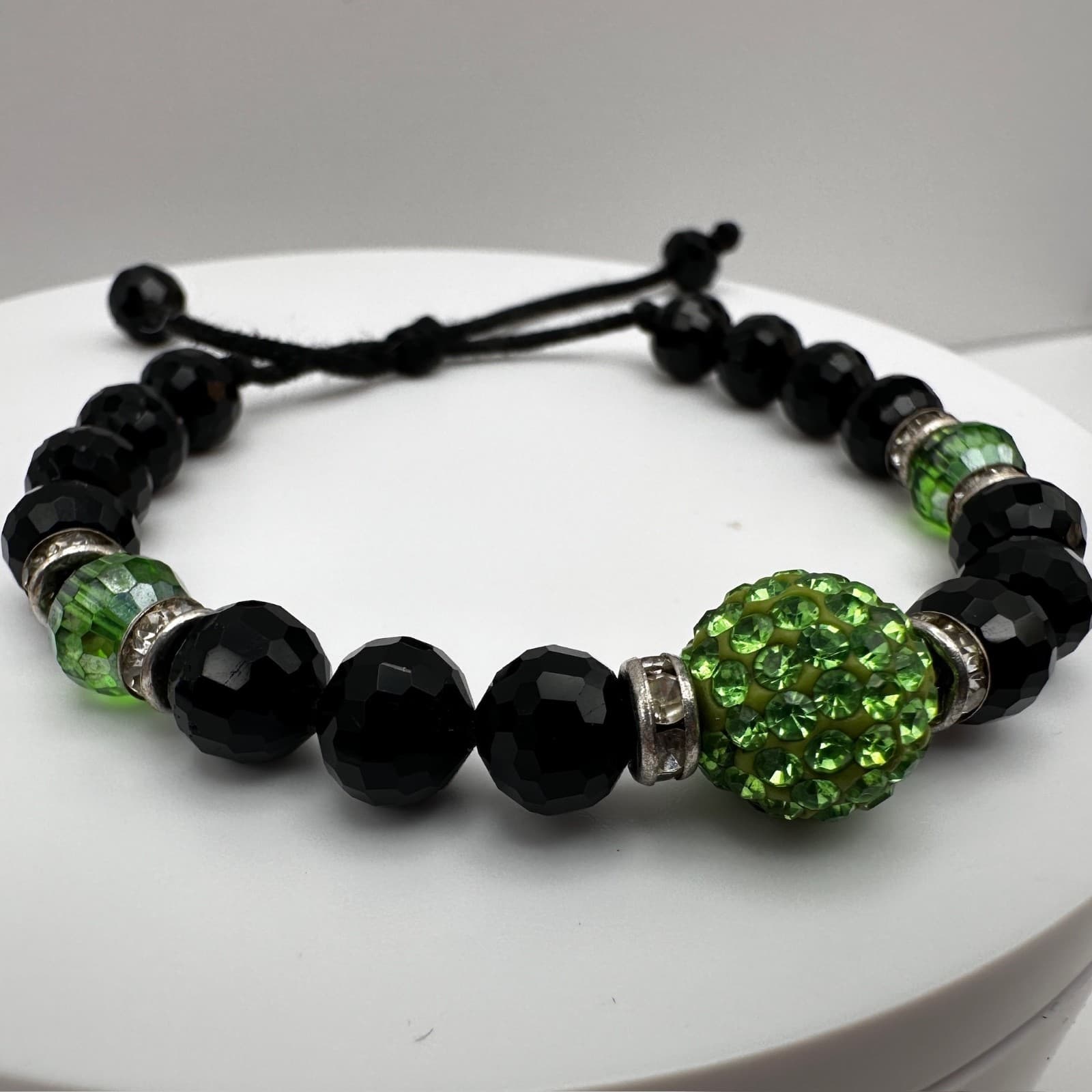 Vintage Black Beaded Bracelet Green Crystal Disco Ball Y2K Gothic - Thumbnail 6