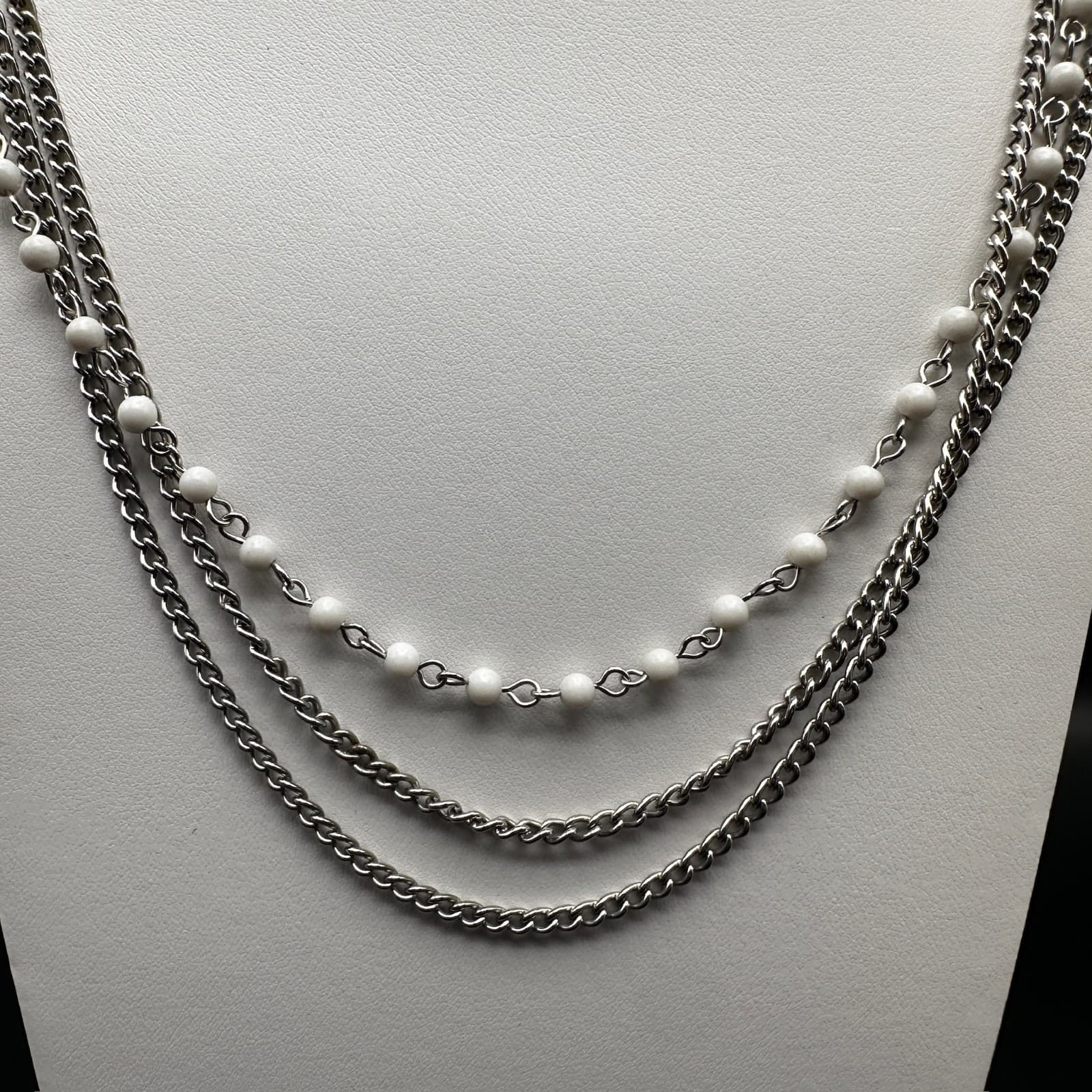 Vintage 90s White Bead Multi Strand Silver Tone Chain Necklace Layered Jewelry - Thumbnail 2