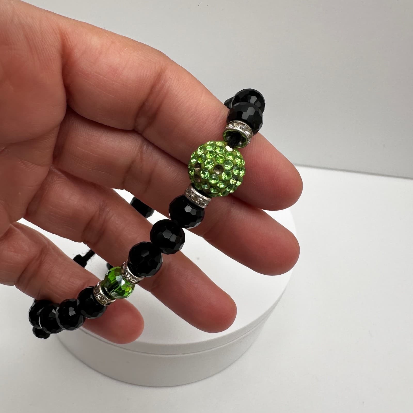 Vintage Black Beaded Bracelet Green Crystal Disco Ball Y2K Gothic - Thumbnail 8