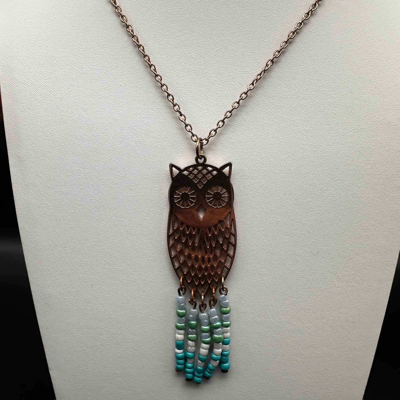 Vintage 90s Owl Pendant Necklace Gold Tone Beaded Tassel Boho Jewelry - Thumbnail 3