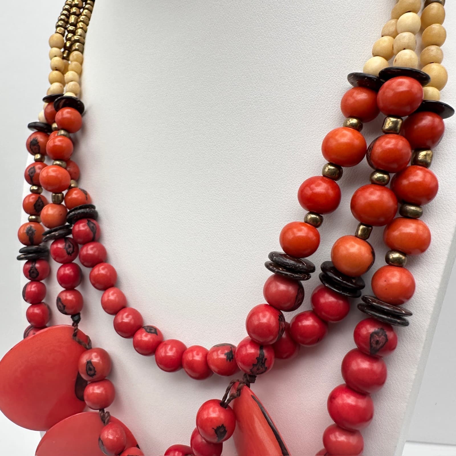 Vintage 90s Red Tagua Nut Bead Statement Necklace Multi Strand Tribal Ethnic - Thumbnail 5