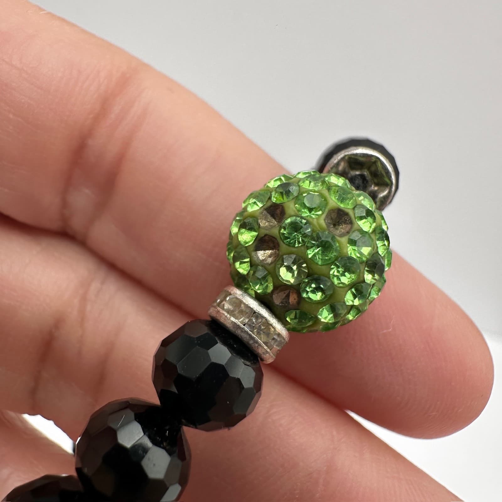 Vintage Black Beaded Bracelet Green Crystal Disco Ball Y2K Gothic - Thumbnail 9