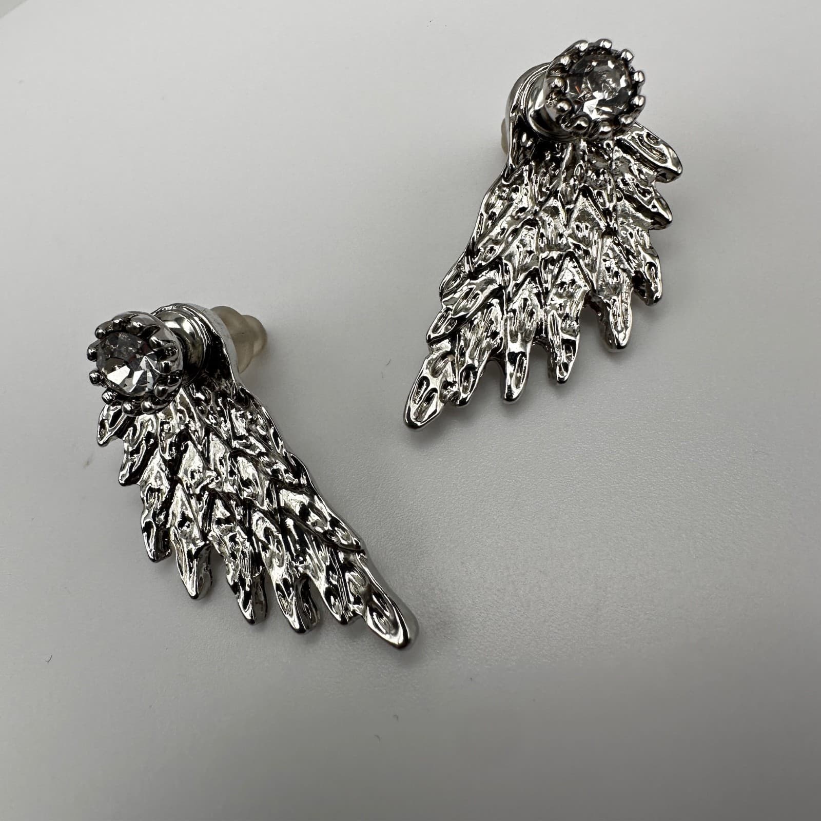 Vintage 90s Silver Tone Angel Wing Stud Earrings Rhinestone Fashion Jewelry - Thumbnail 3