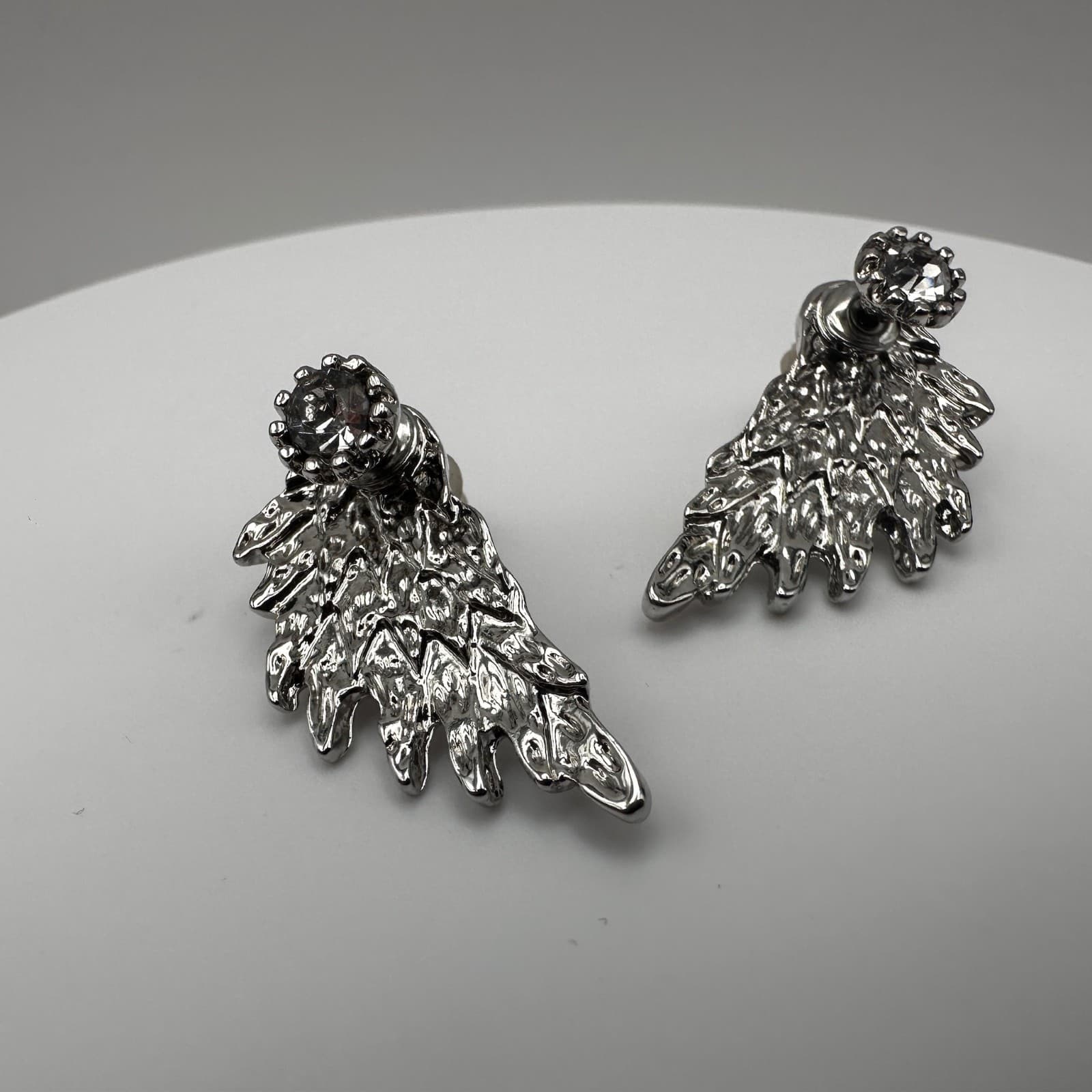 Vintage 90s Silver Tone Angel Wing Stud Earrings Rhinestone Fashion Jewelry - Thumbnail 4