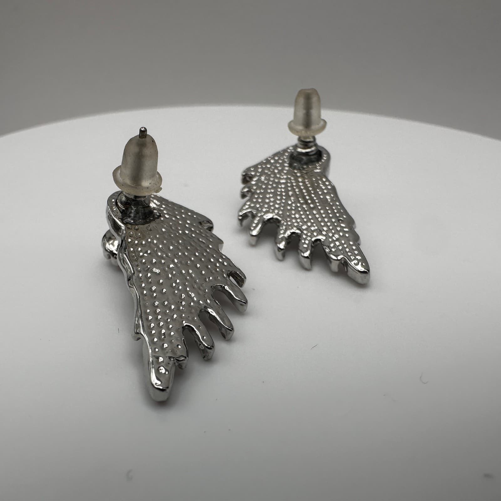 Vintage 90s Silver Tone Angel Wing Stud Earrings Rhinestone Fashion Jewelry - Thumbnail 7