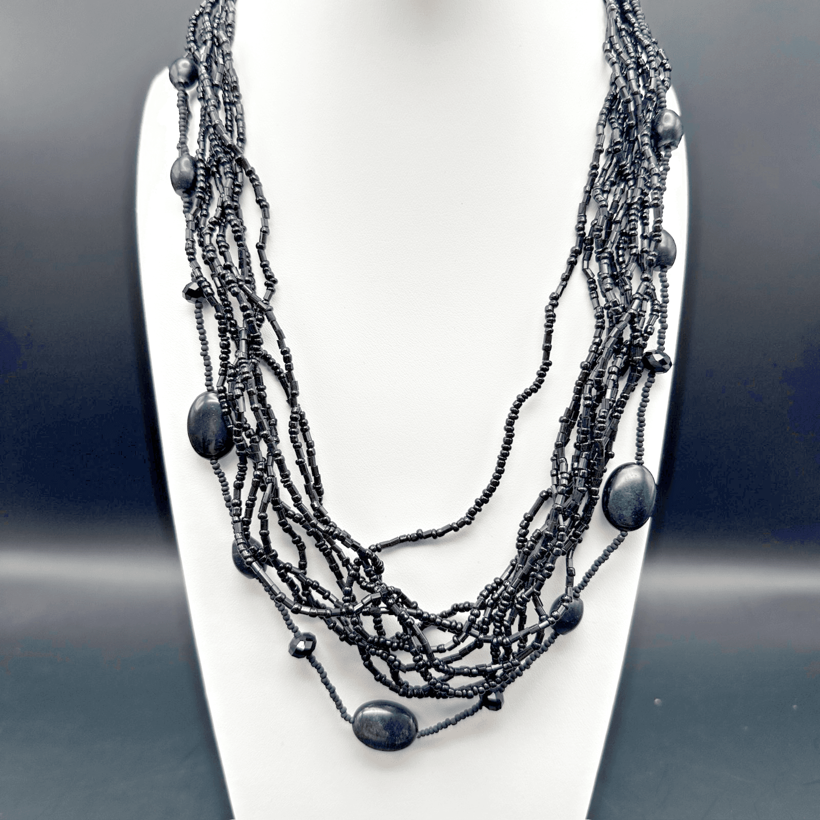 Vintage 80s 90s Black Multi Strand Beaded Necklace Statement Layered Era Jewelry - Image 1