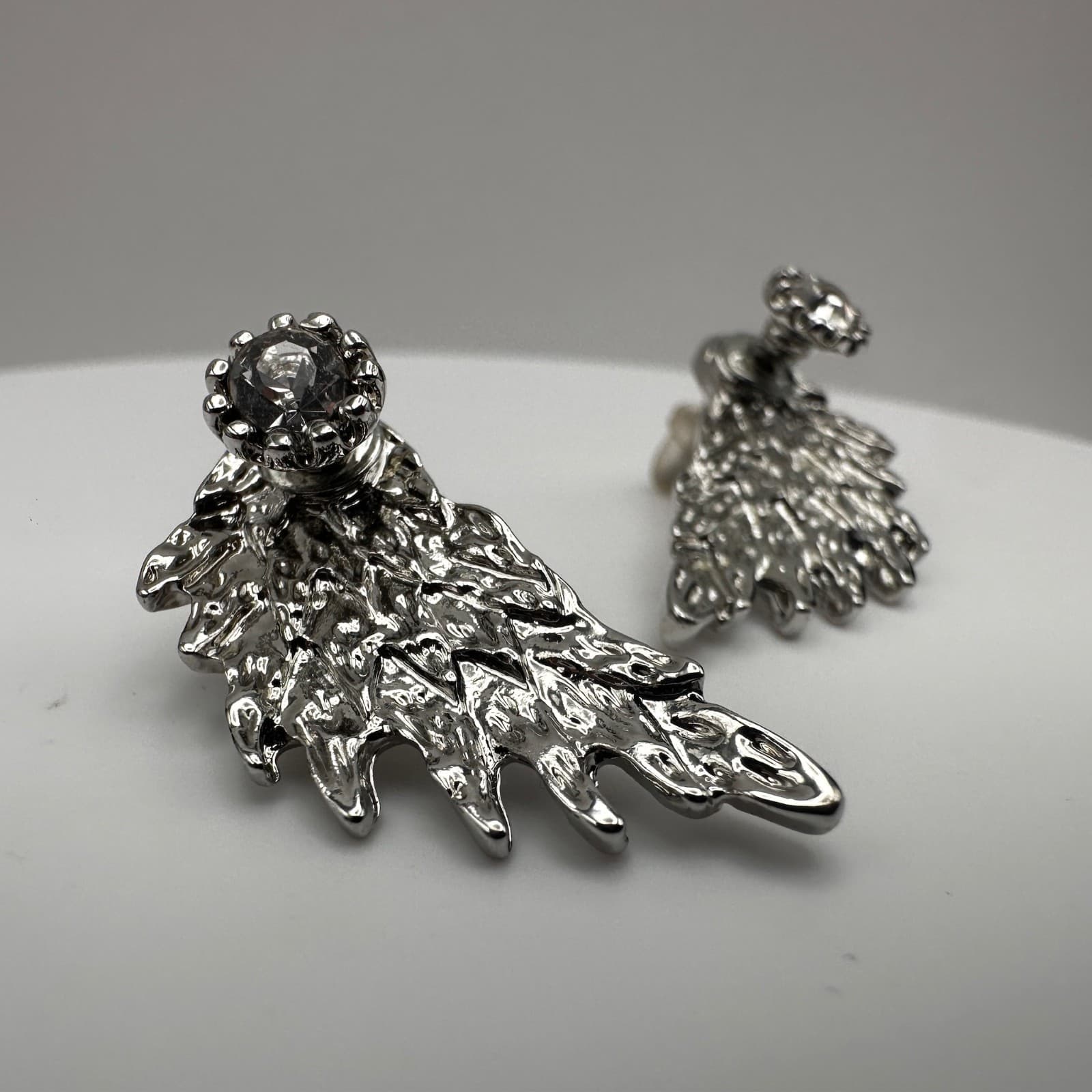 Vintage 90s Silver Tone Angel Wing Stud Earrings Rhinestone Fashion Jewelry - Thumbnail 5