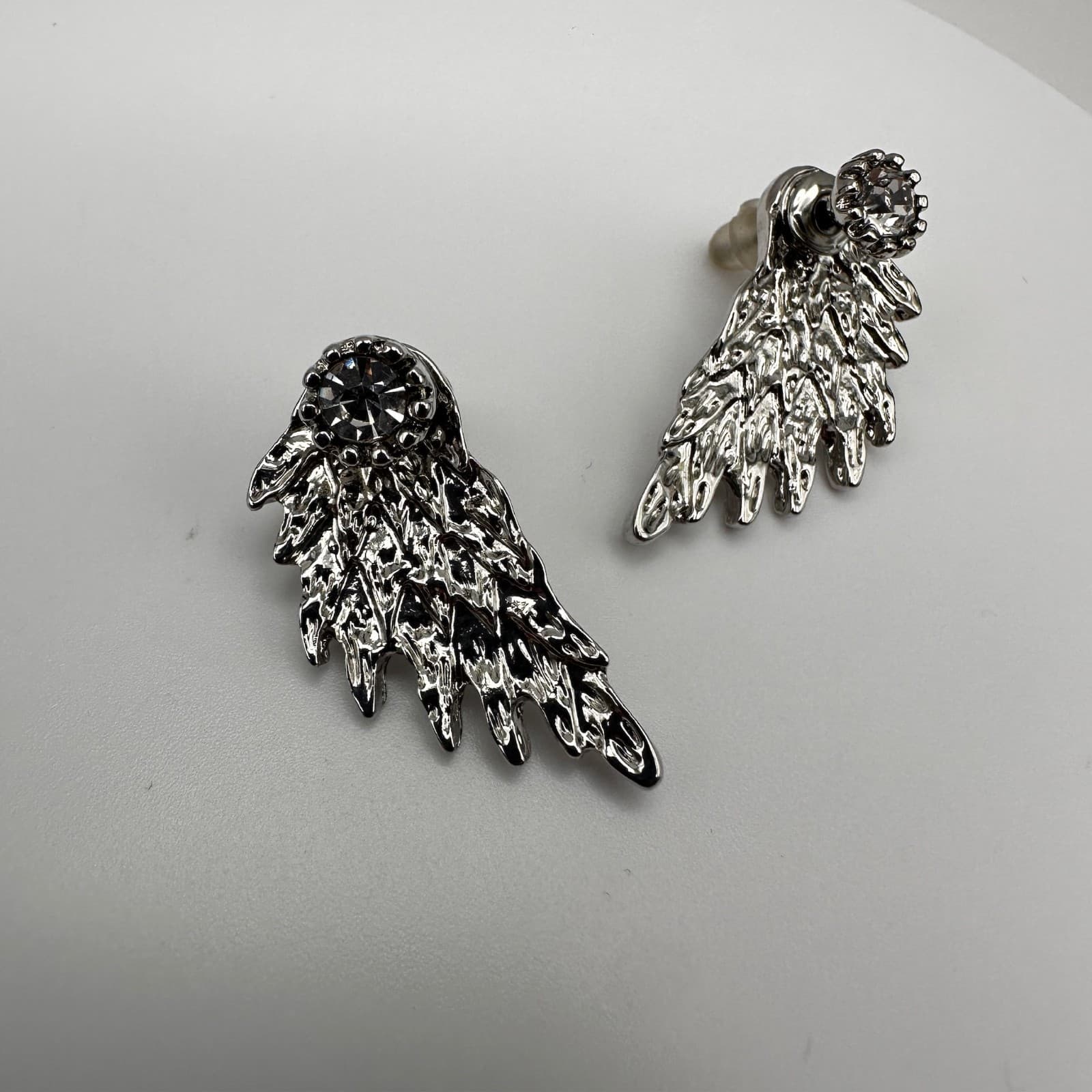 Vintage 90s Silver Tone Angel Wing Stud Earrings Rhinestone Fashion Jewelry - Thumbnail 2