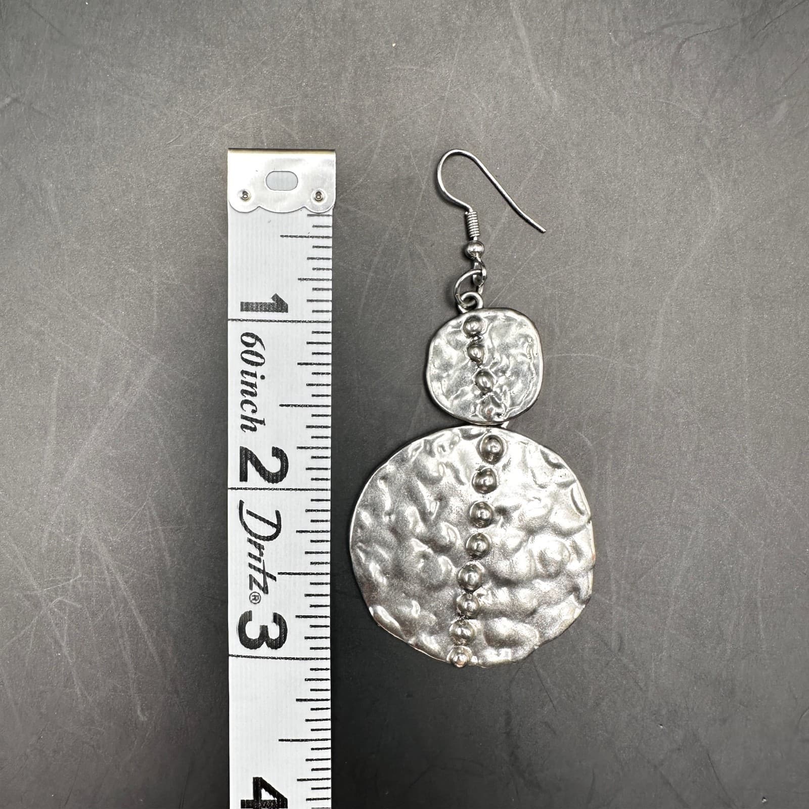 Vintage Y2K Hammered Silver Tone Dangle Earring Textured Round Statement Jewelry - Thumbnail 9