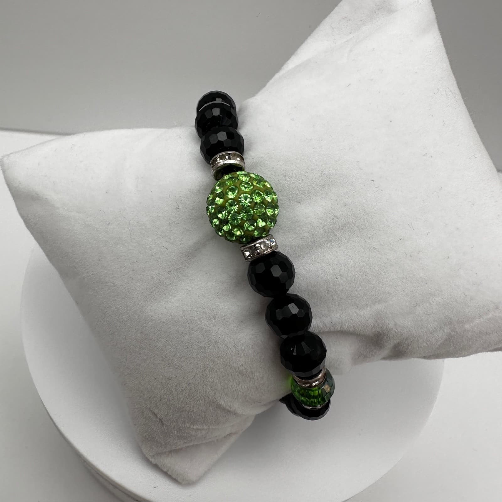 Vintage Black Beaded Bracelet Green Crystal Disco Ball Y2K Gothic - Thumbnail 5