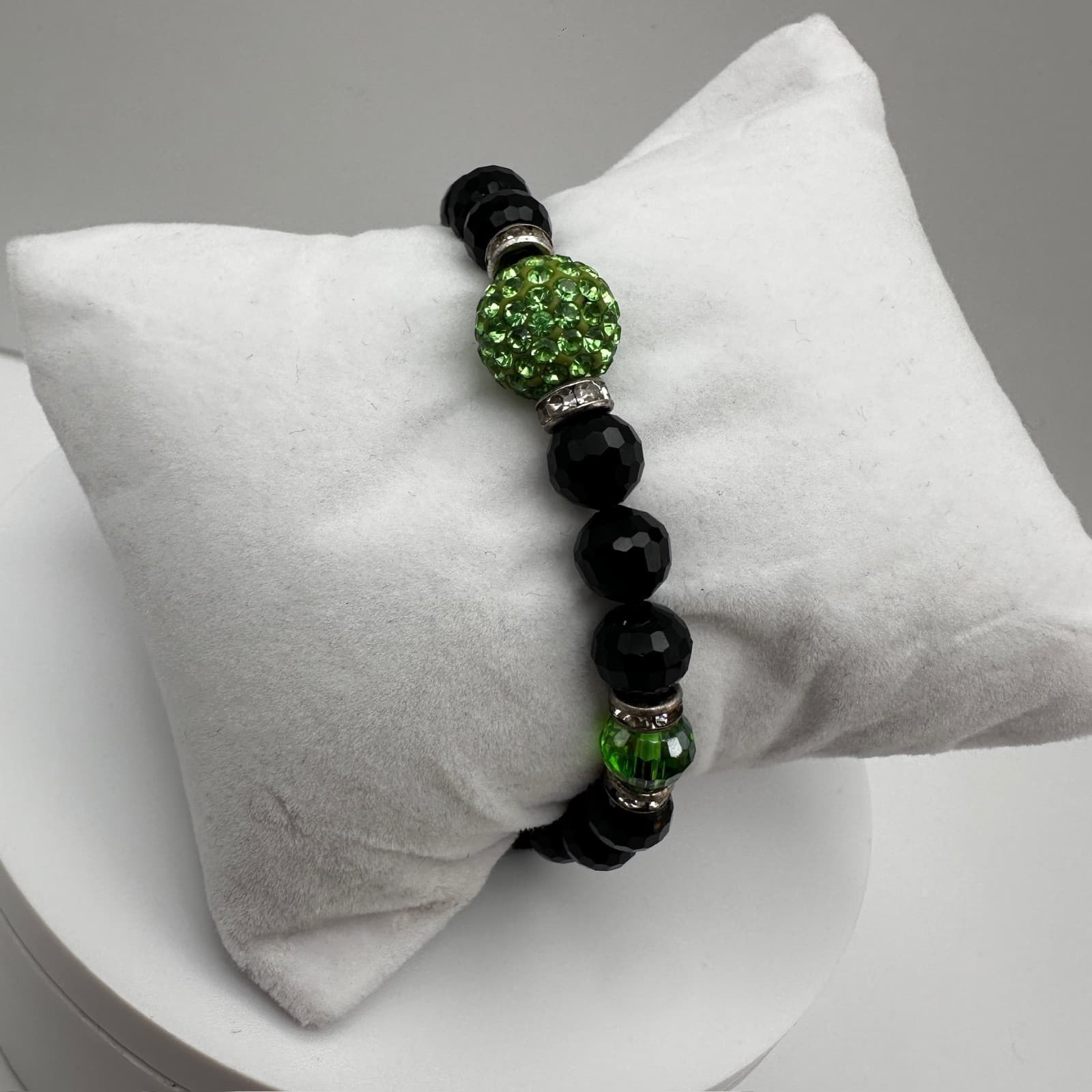 Vintage Black Beaded Bracelet Green Crystal Disco Ball Y2K Gothic - Thumbnail 3