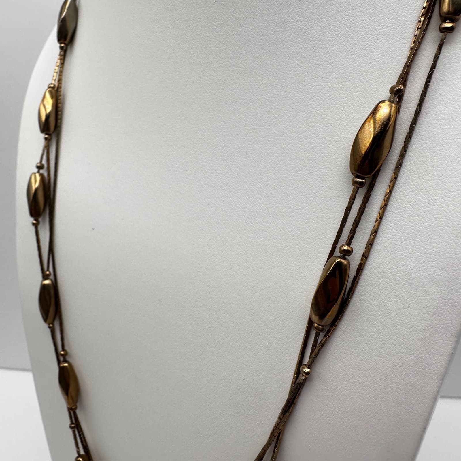 Vintage 90s Gold Tone Multi Strand Snake Chain Necklace Geometric Beads Jewelry - Thumbnail 5