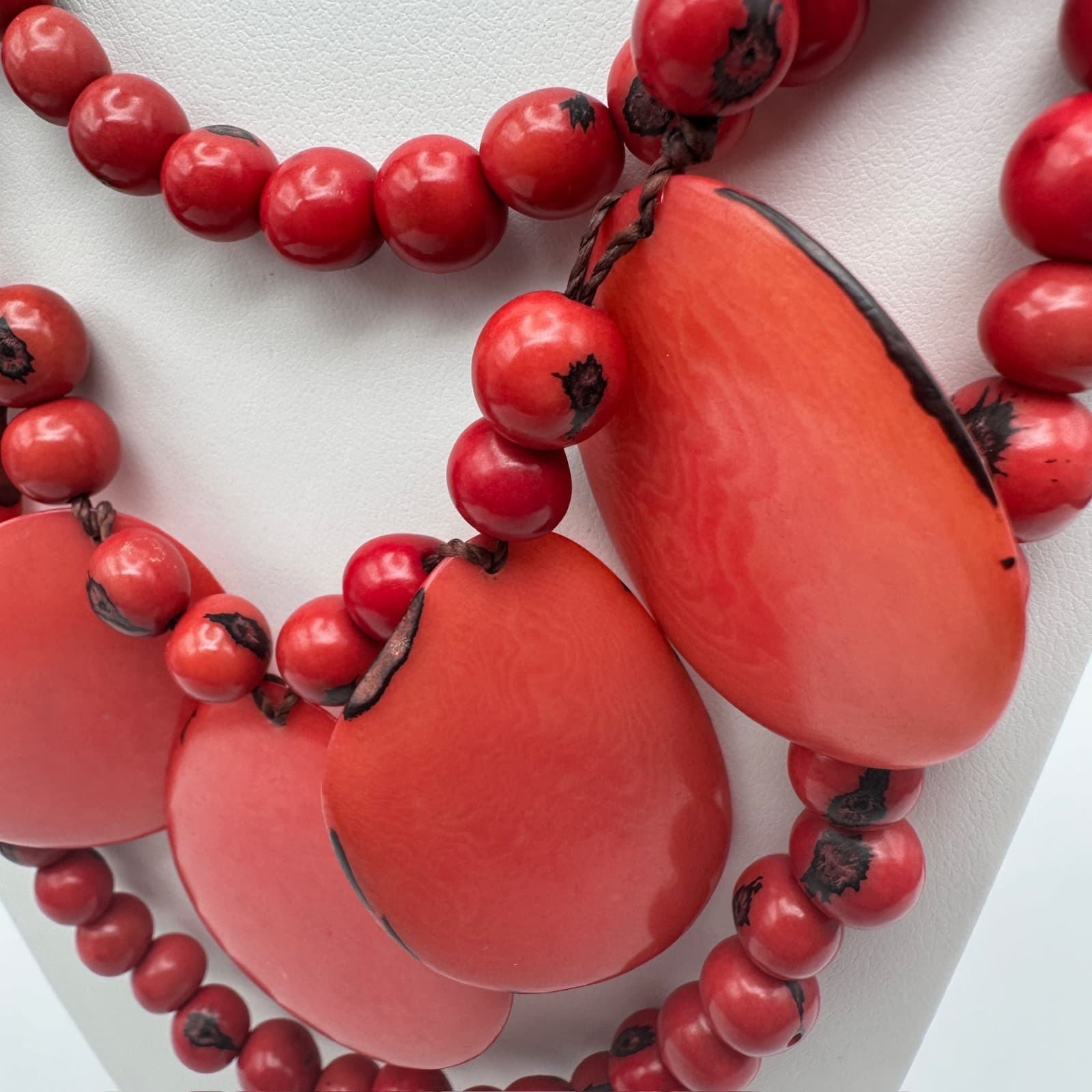 Vintage 90s Red Tagua Nut Bead Statement Necklace Multi Strand Tribal Ethnic - Thumbnail 8