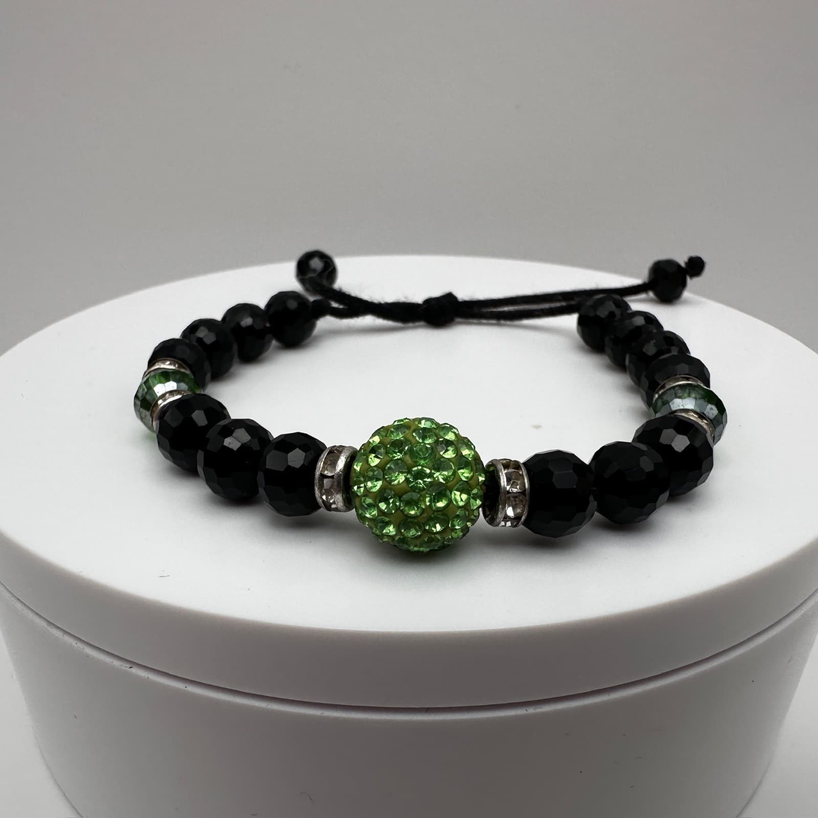 Vintage Black Beaded Bracelet Green Crystal Disco Ball Y2K Gothic - Thumbnail 2