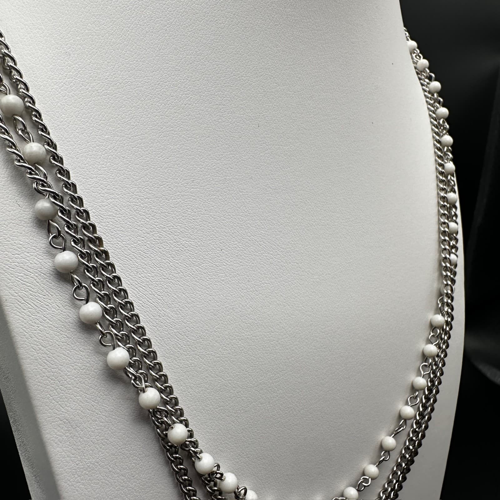 Vintage 90s White Bead Multi Strand Silver Tone Chain Necklace Layered Jewelry - Thumbnail 5