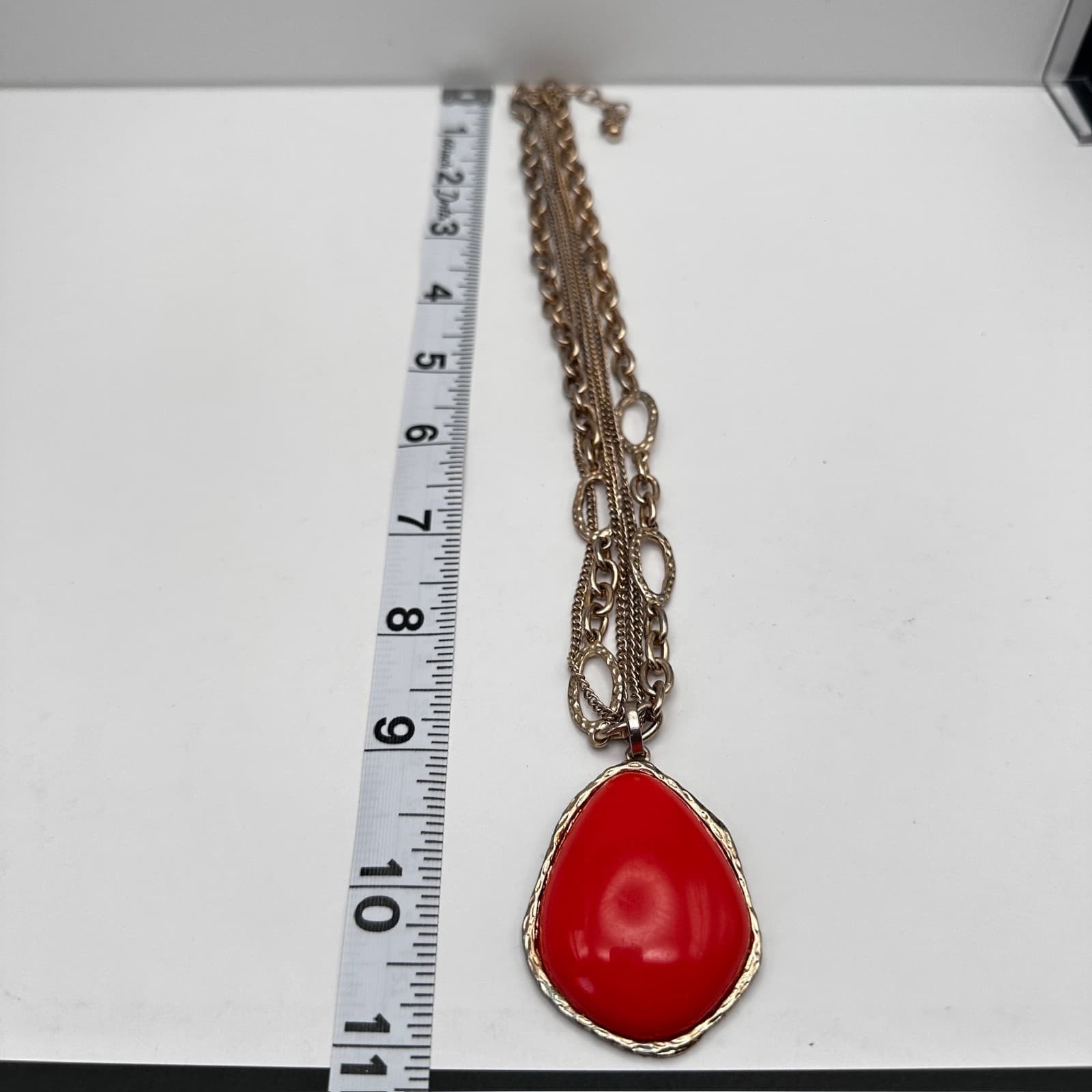 Vintage 90s Silver Tone Multi Strand Red Teardrop Pendant Necklace Boho Jewelry - Thumbnail 13
