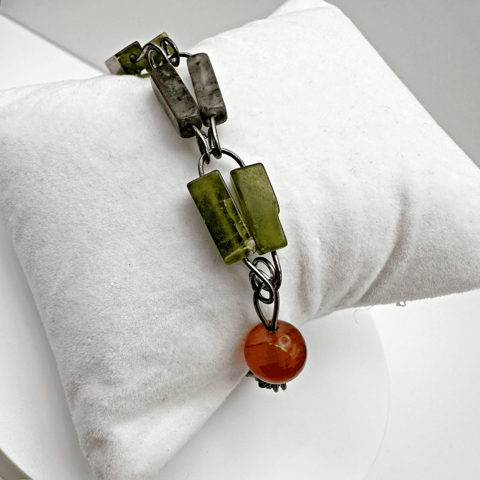 Vintage Mixed Stone Bracelet Serpentine Jade Jasper Carnelian Wire Link Boho Y2K - Thumbnail 9