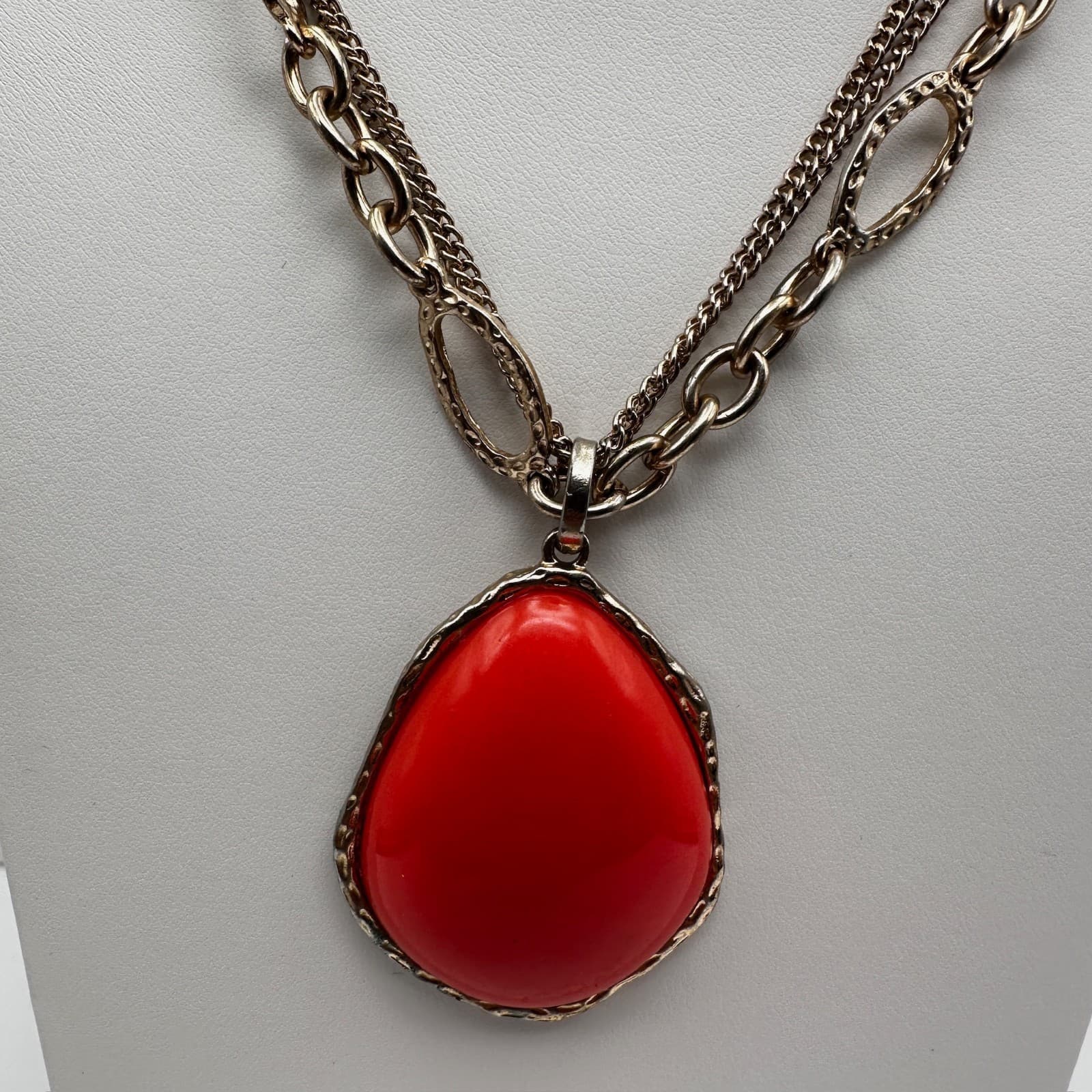 Vintage 90s Silver Tone Multi Strand Red Teardrop Pendant Necklace Boho Jewelry - Thumbnail 3