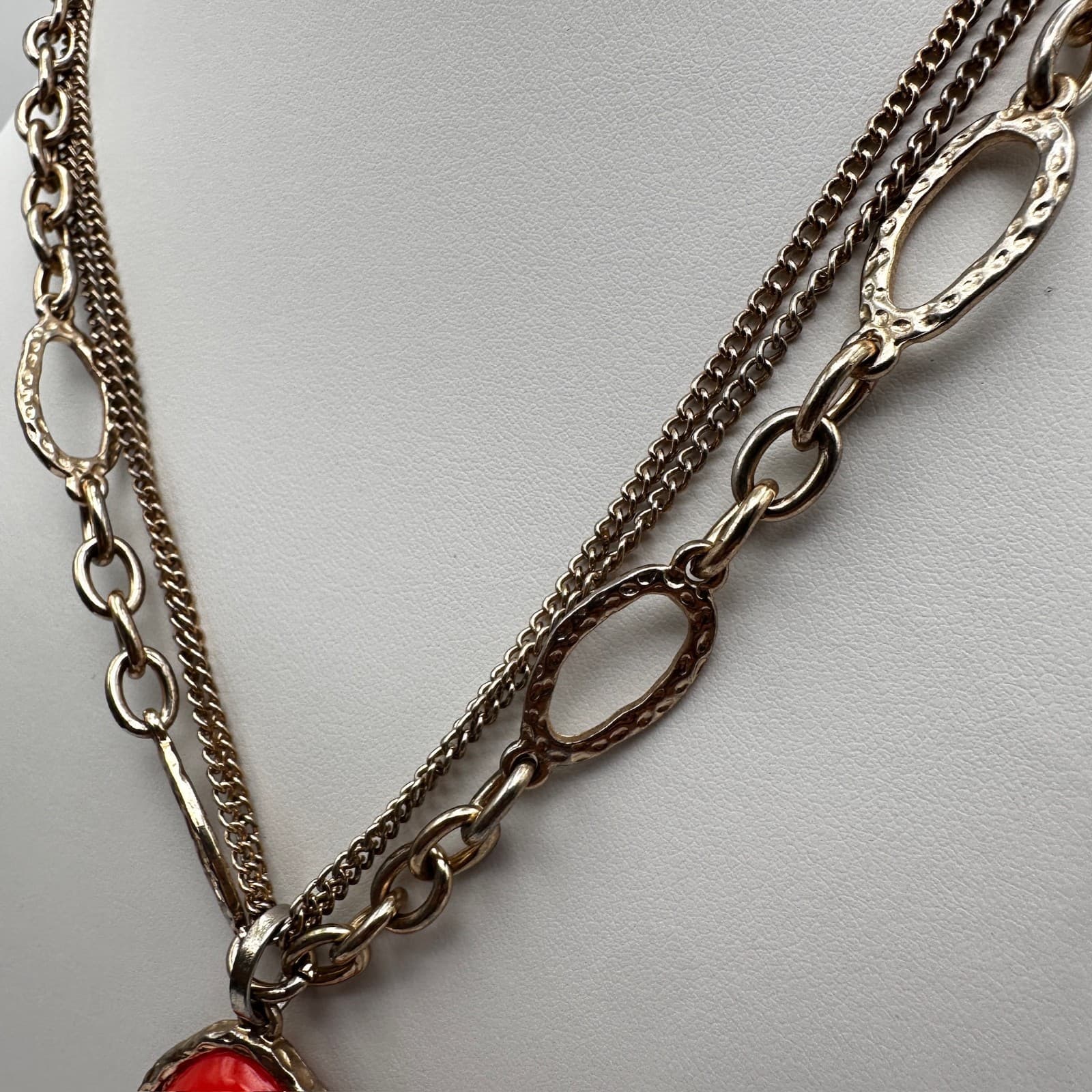 Vintage 90s Silver Tone Multi Strand Red Teardrop Pendant Necklace Boho Jewelry - Thumbnail 6