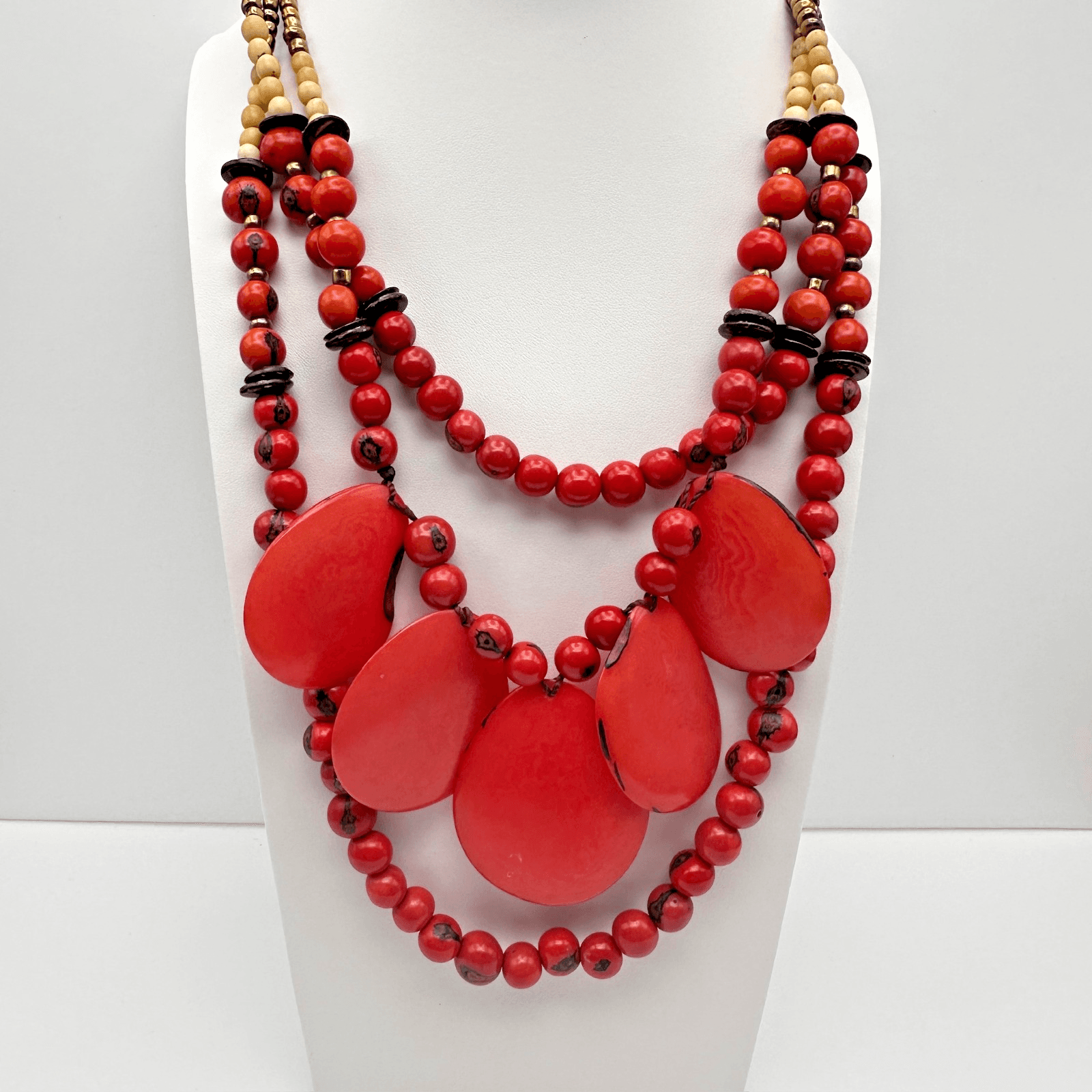 Vintage 90s Red Tagua Nut Bead Statement Necklace Multi Strand Tribal Ethnic - Image 1