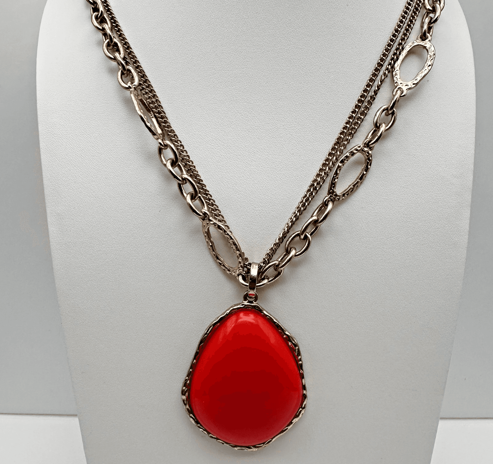 Vintage 90s Silver Tone Multi Strand Red Teardrop Pendant Necklace Boho Jewelry - Image 1