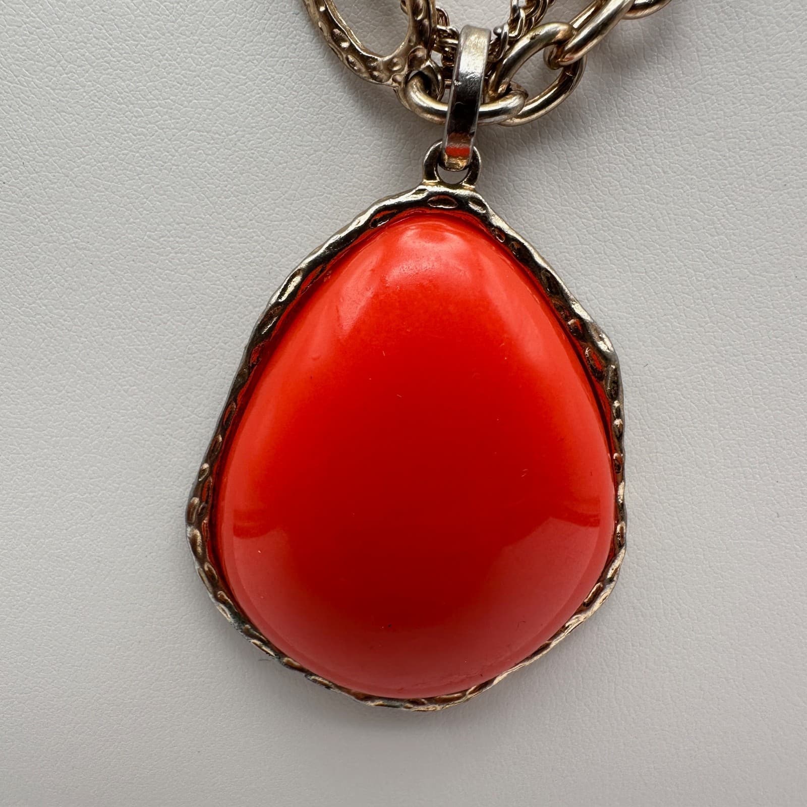 Vintage 90s Silver Tone Multi Strand Red Teardrop Pendant Necklace Boho Jewelry - Thumbnail 2