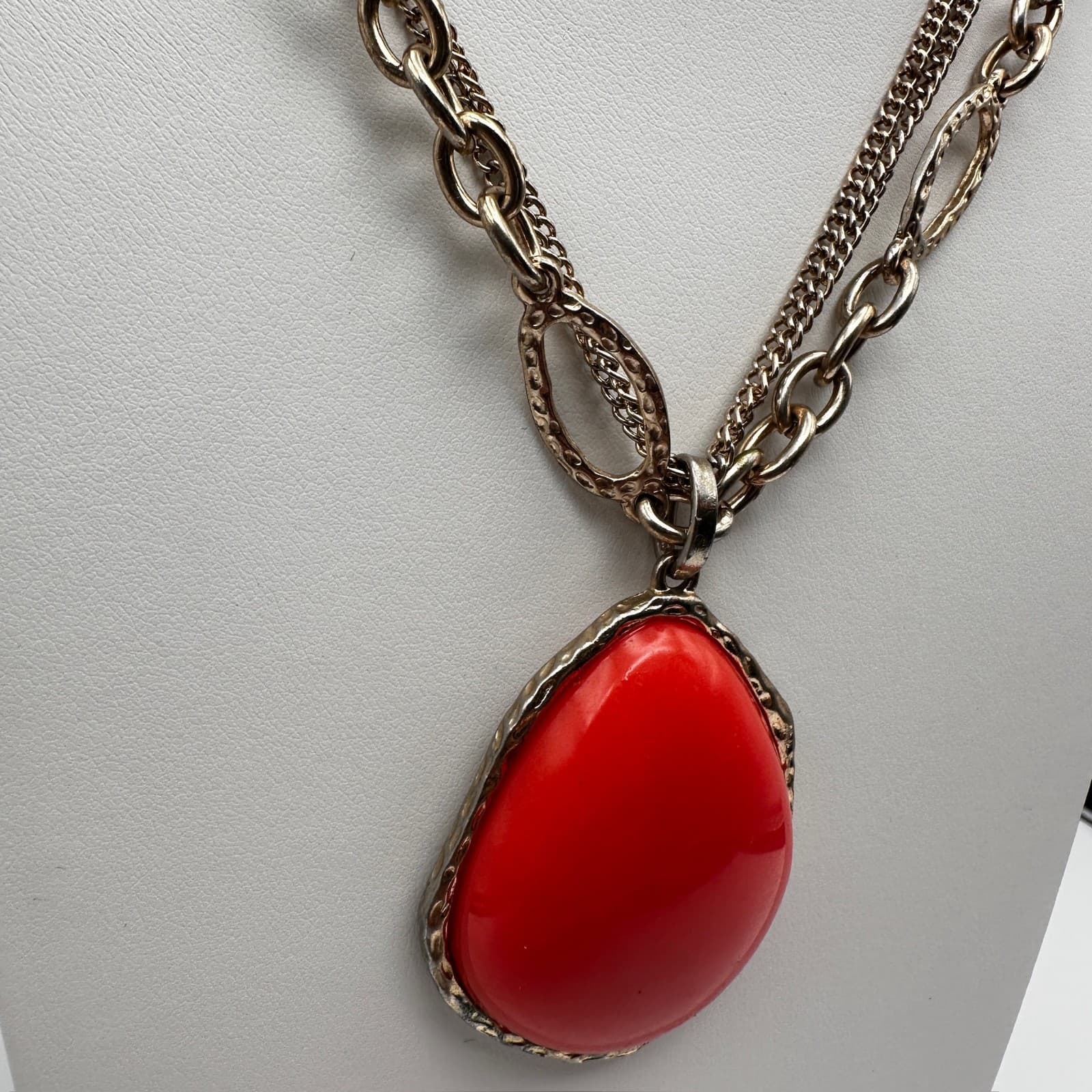 Vintage 90s Silver Tone Multi Strand Red Teardrop Pendant Necklace Boho Jewelry - Thumbnail 4