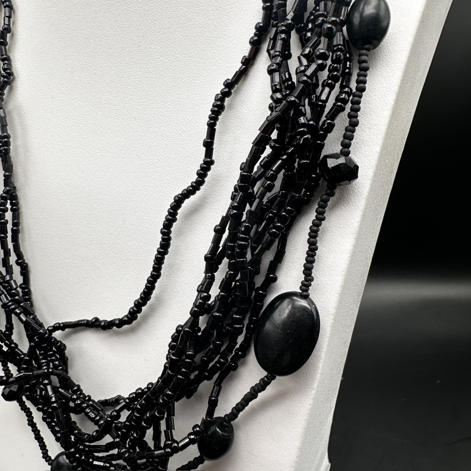 Vintage 80s 90s Black Multi Strand Beaded Necklace Statement Layered Era Jewelry - Thumbnail 4