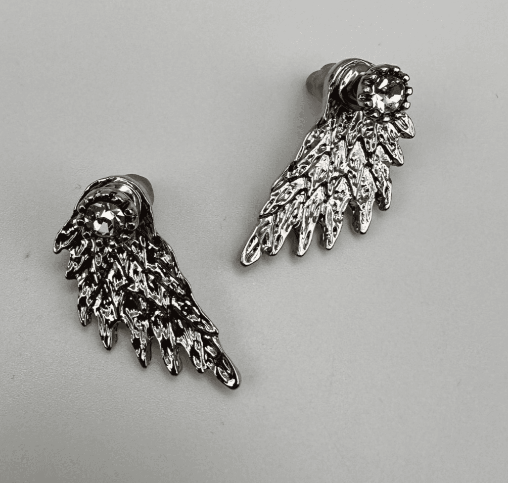Vintage 90s Silver Tone Angel Wing Stud Earrings Rhinestone Fashion Jewelry - Image 1