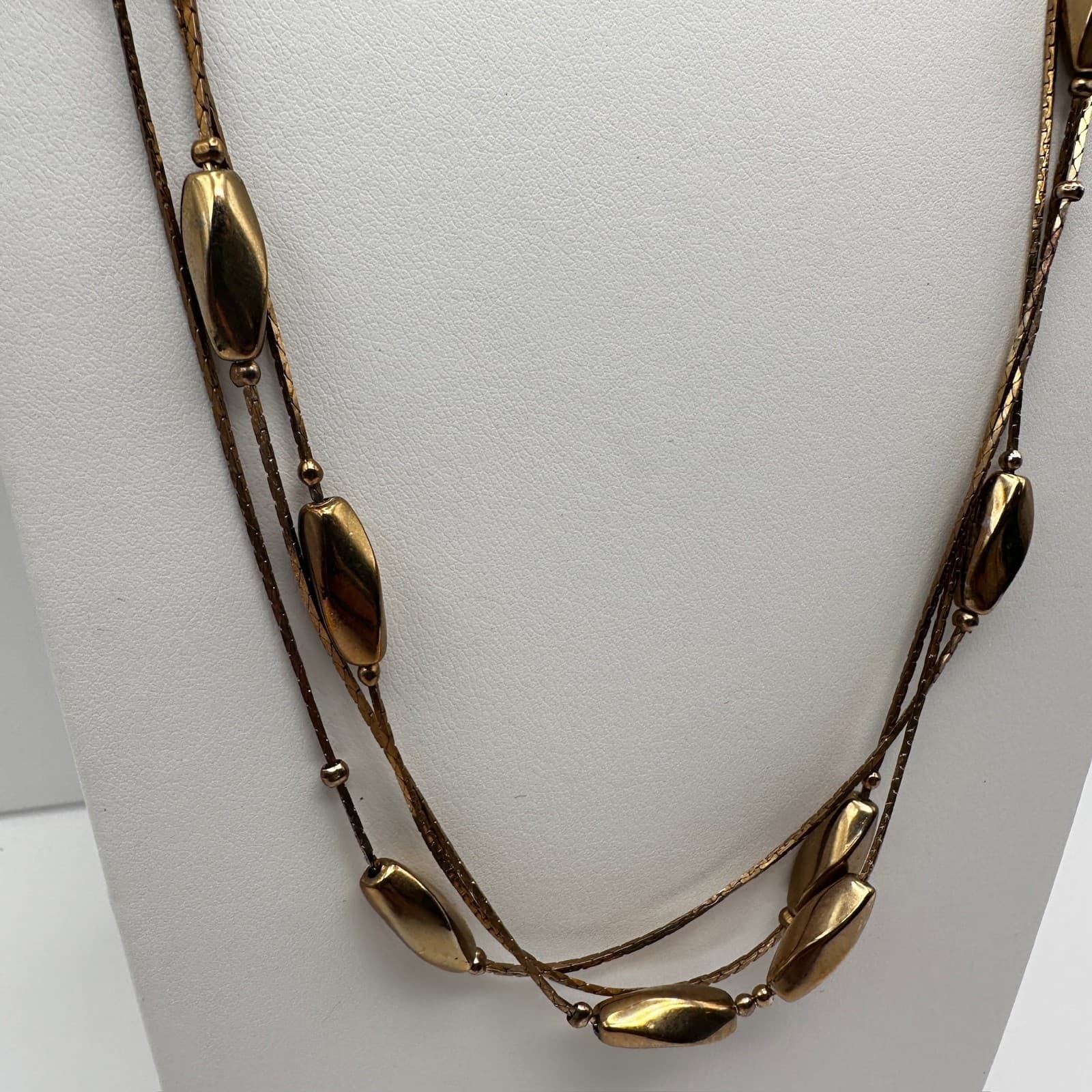 Vintage 90s Gold Tone Multi Strand Snake Chain Necklace Geometric Beads Jewelry - Thumbnail 3