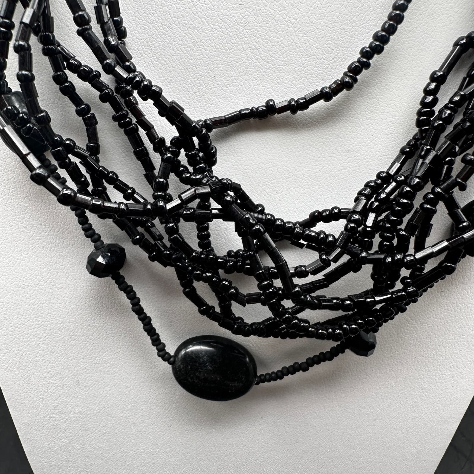Vintage 80s 90s Black Multi Strand Beaded Necklace Statement Layered Era Jewelry - Thumbnail 6
