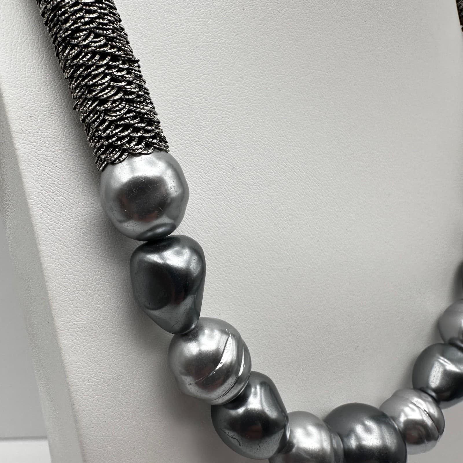 Vintage 90s Coldwater Creek Gray Faux Pearl Mesh Collar Necklace Statement Boho - Thumbnail 4