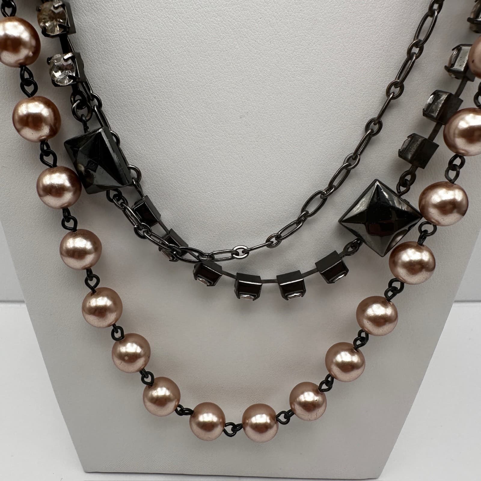 Vintage Y2K LOFT Multi-Strand Necklace Pink Faux Pearl Beads Tennis Rhinestone - Thumbnail 2