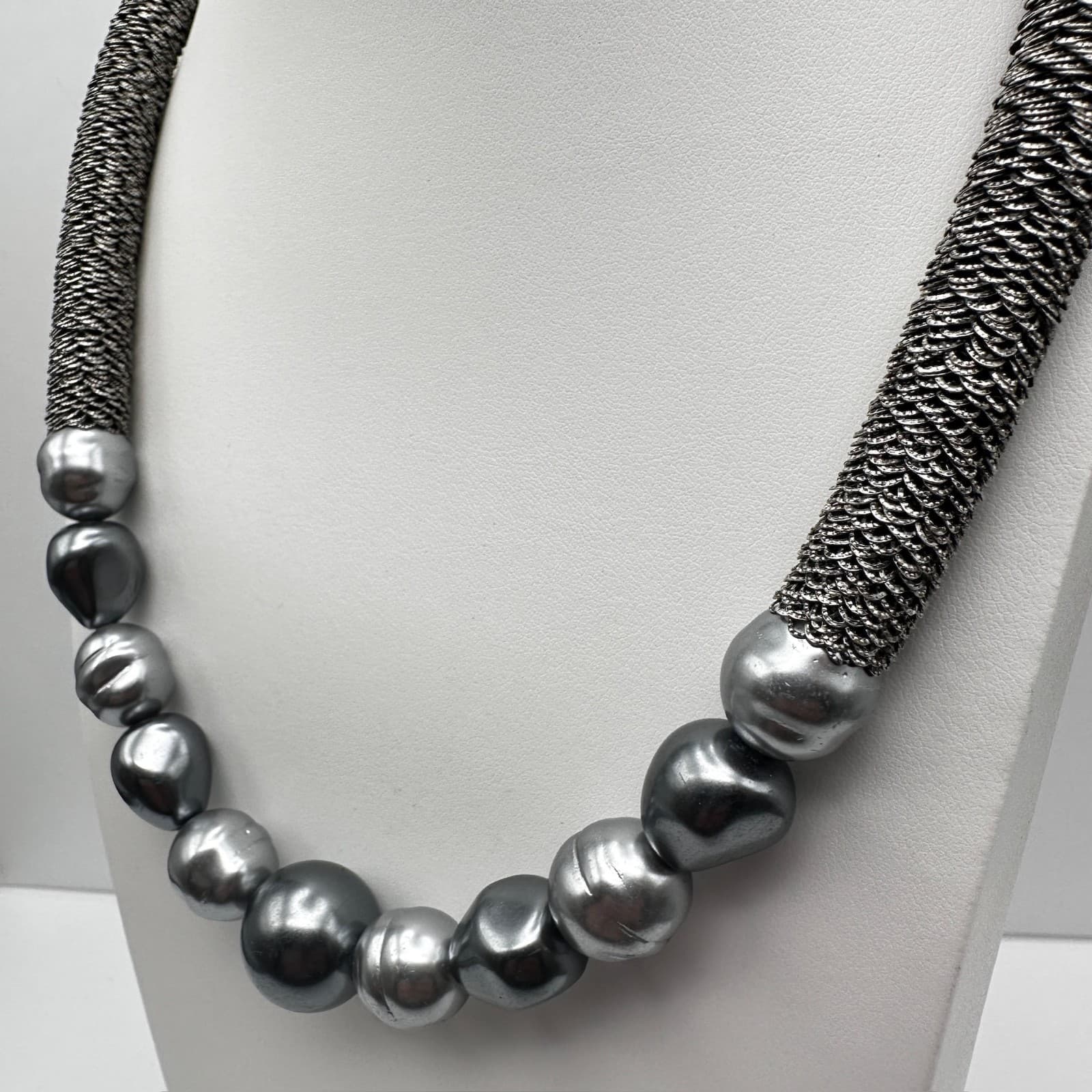 Vintage 90s Coldwater Creek Gray Faux Pearl Mesh Collar Necklace Statement Boho - Thumbnail 6