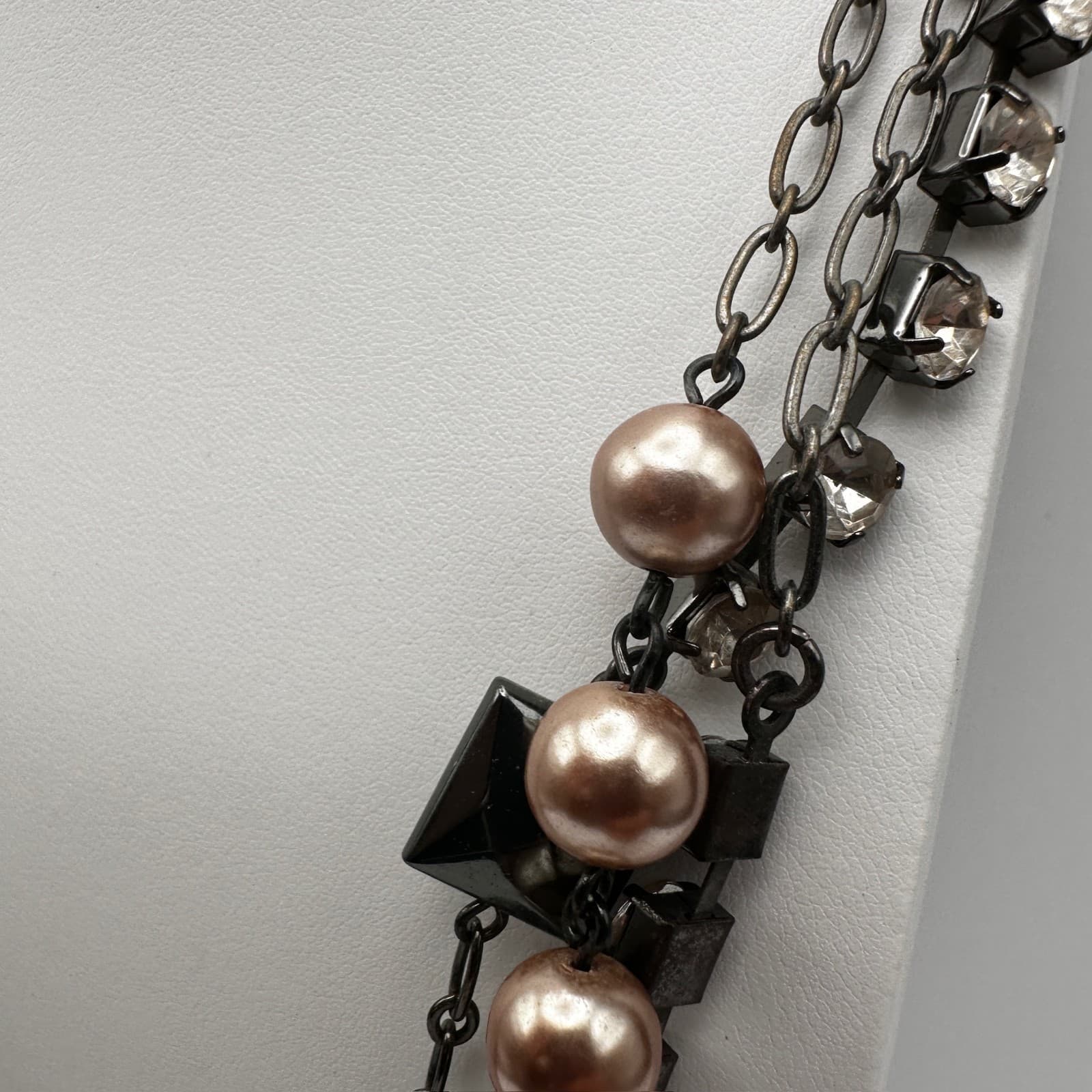 Vintage Y2K LOFT Multi-Strand Necklace Pink Faux Pearl Beads Tennis Rhinestone - Thumbnail 8