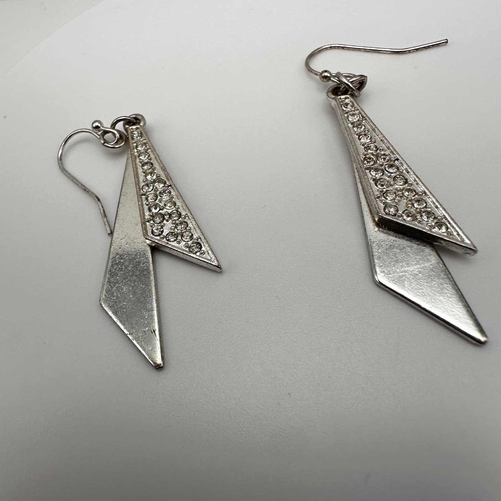 Vintage 90s Silver Tone Geometric Dangle Earrings Clear Rhionestone Modern Style - Thumbnail 7