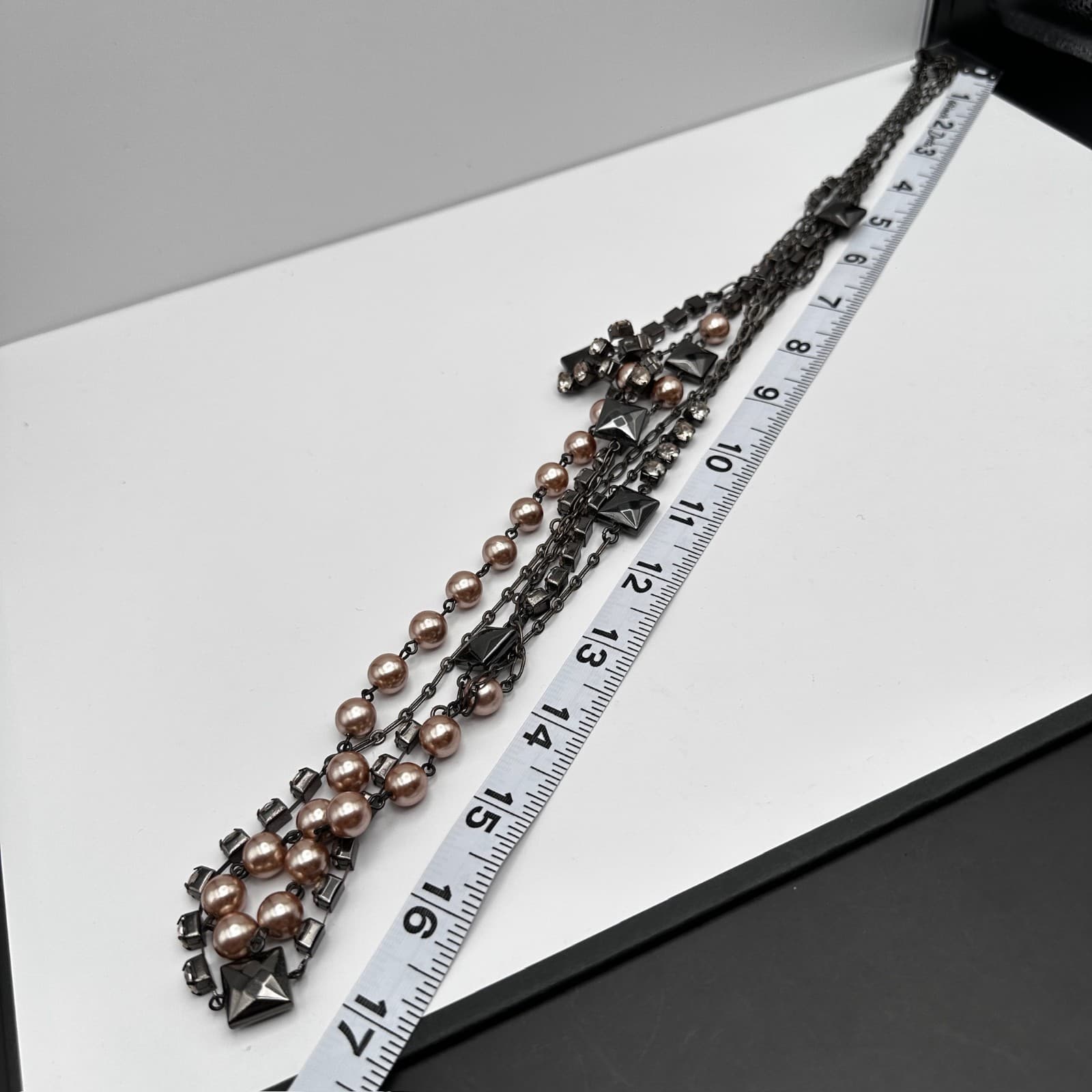 Vintage Y2K LOFT Multi-Strand Necklace Pink Faux Pearl Beads Tennis Rhinestone - Thumbnail 11