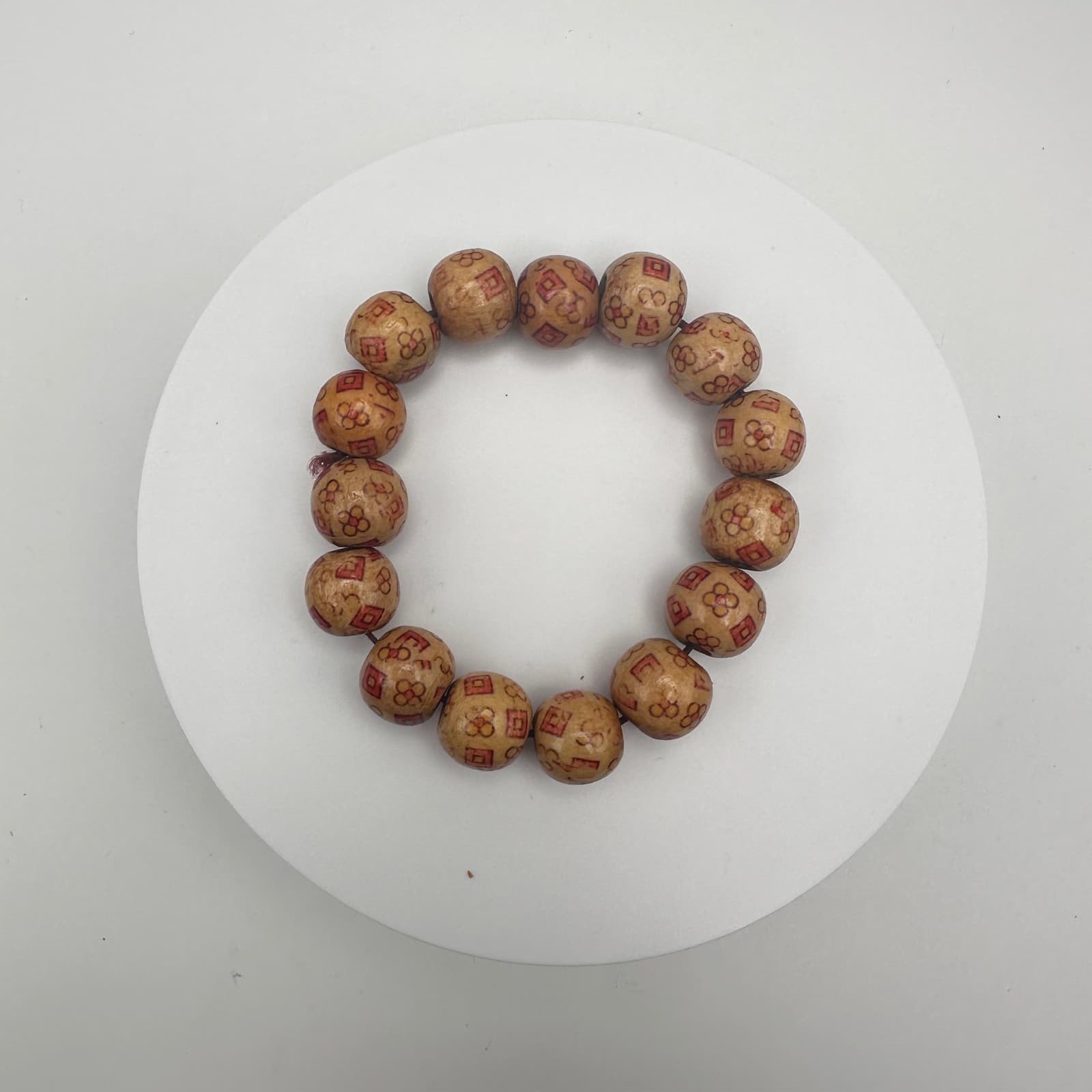 Vintage 80s Brown Wooden Bead Stretch Bracelet Copper Tone Women's Jewelry - Image 1