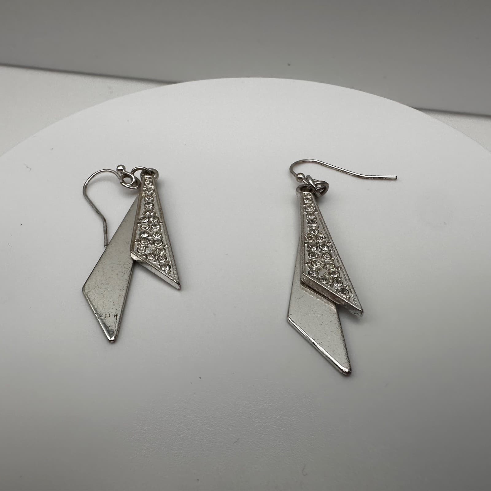 Vintage 90s Silver Tone Geometric Dangle Earrings Clear Rhionestone Modern Style - Thumbnail 8
