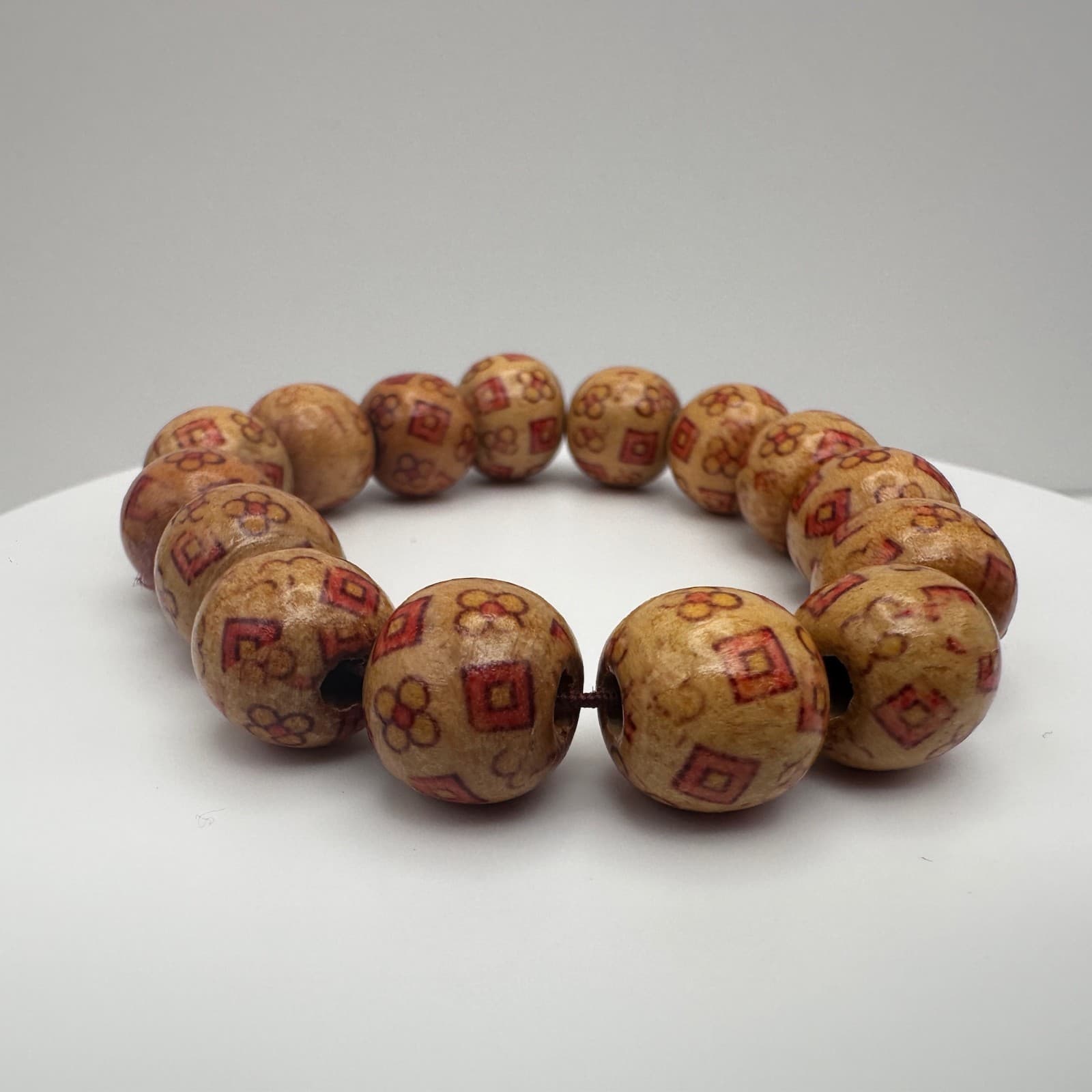 Vintage 80s Brown Wooden Bead Stretch Bracelet Copper Tone Women's Jewelry - Thumbnail 4