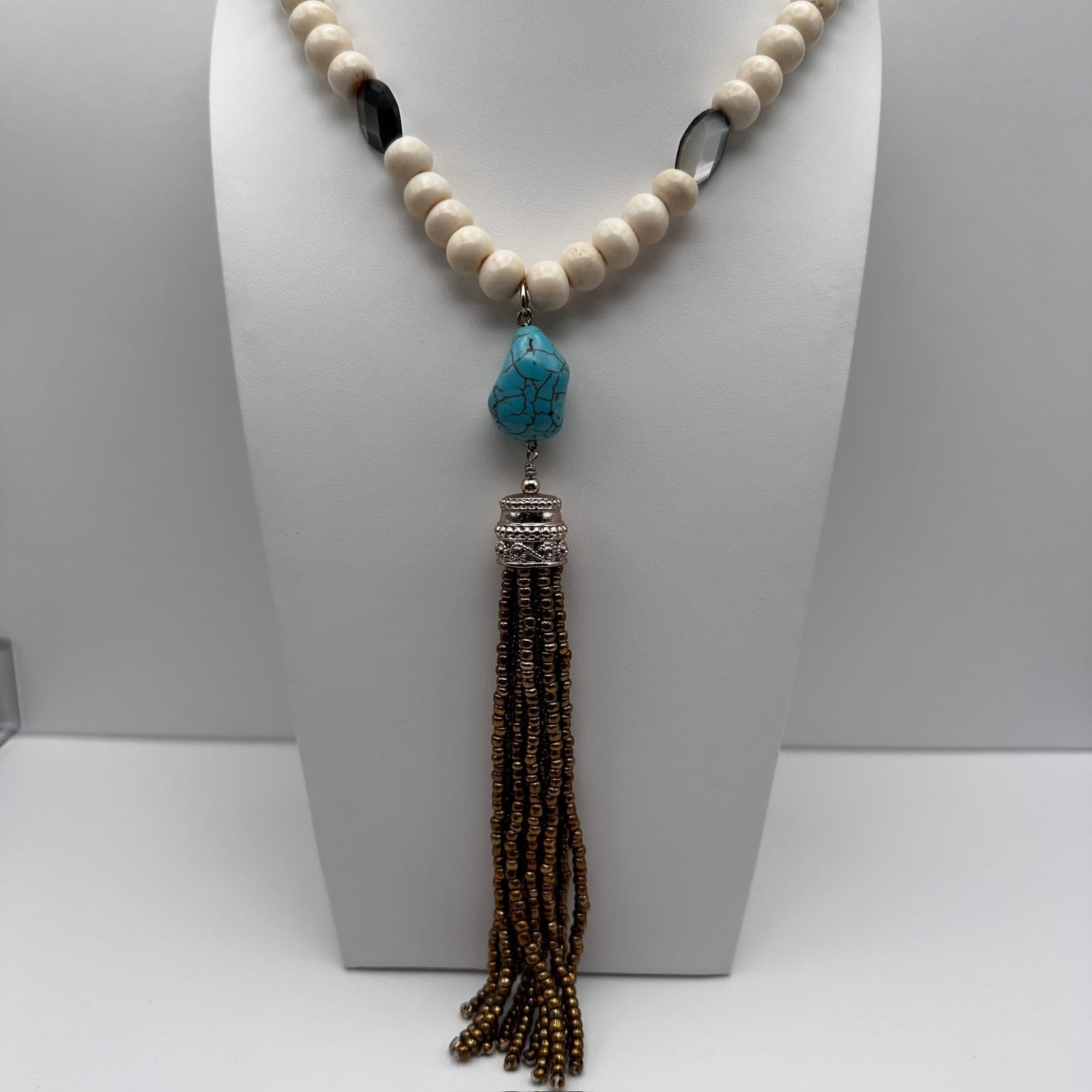 Vintage 90s Chico's Cream Beaded Necklace Faux Turquoise Tassel Boho Jewelry - Image 1