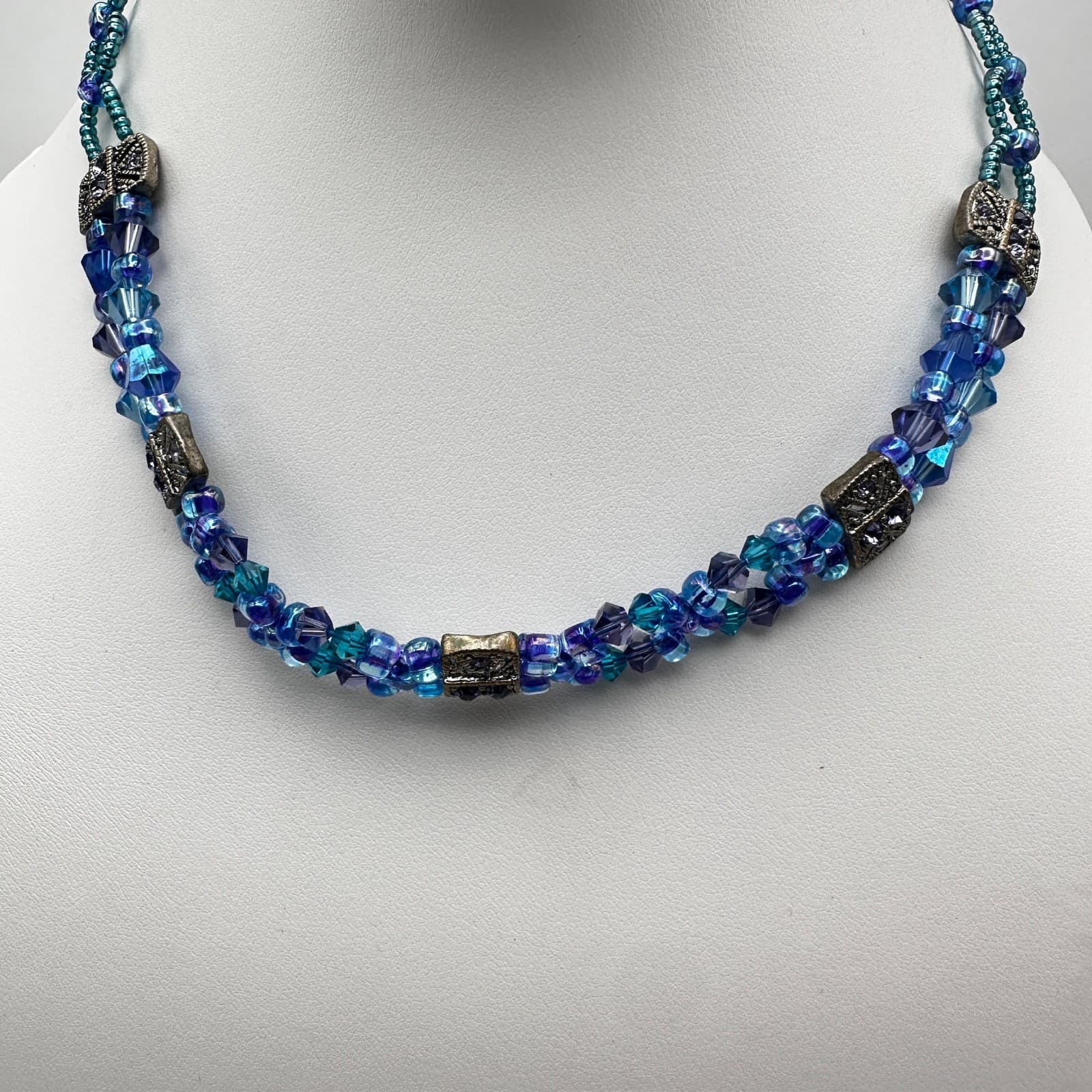 Vintage 90s Blue Crystal Bead Necklace Multi-Strand Silver Tone Women's Jewelry - Thumbnail 2